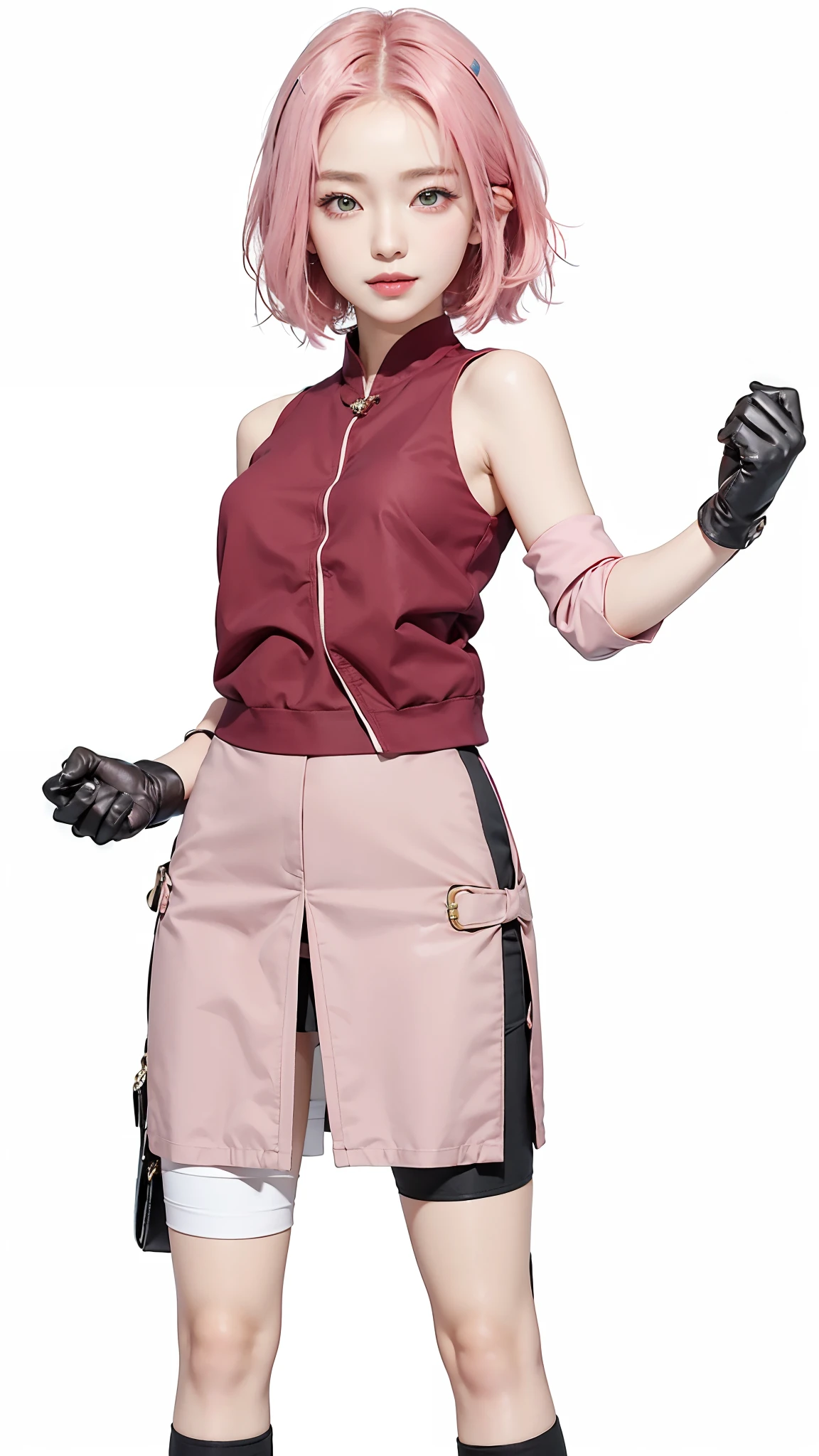 Masterpiece, best picture quality, one beautiful girl, detailed eyes, swollen eyes, pink hair, short hair, fair skin, cute, cute legs, short skirt, Japanese woman, Asian beauty, moonlight, strong eyes, professional lighting, bright lighting, double eyelids, slender, Japanese woman, Asian beauty, smile expresion, green eyes