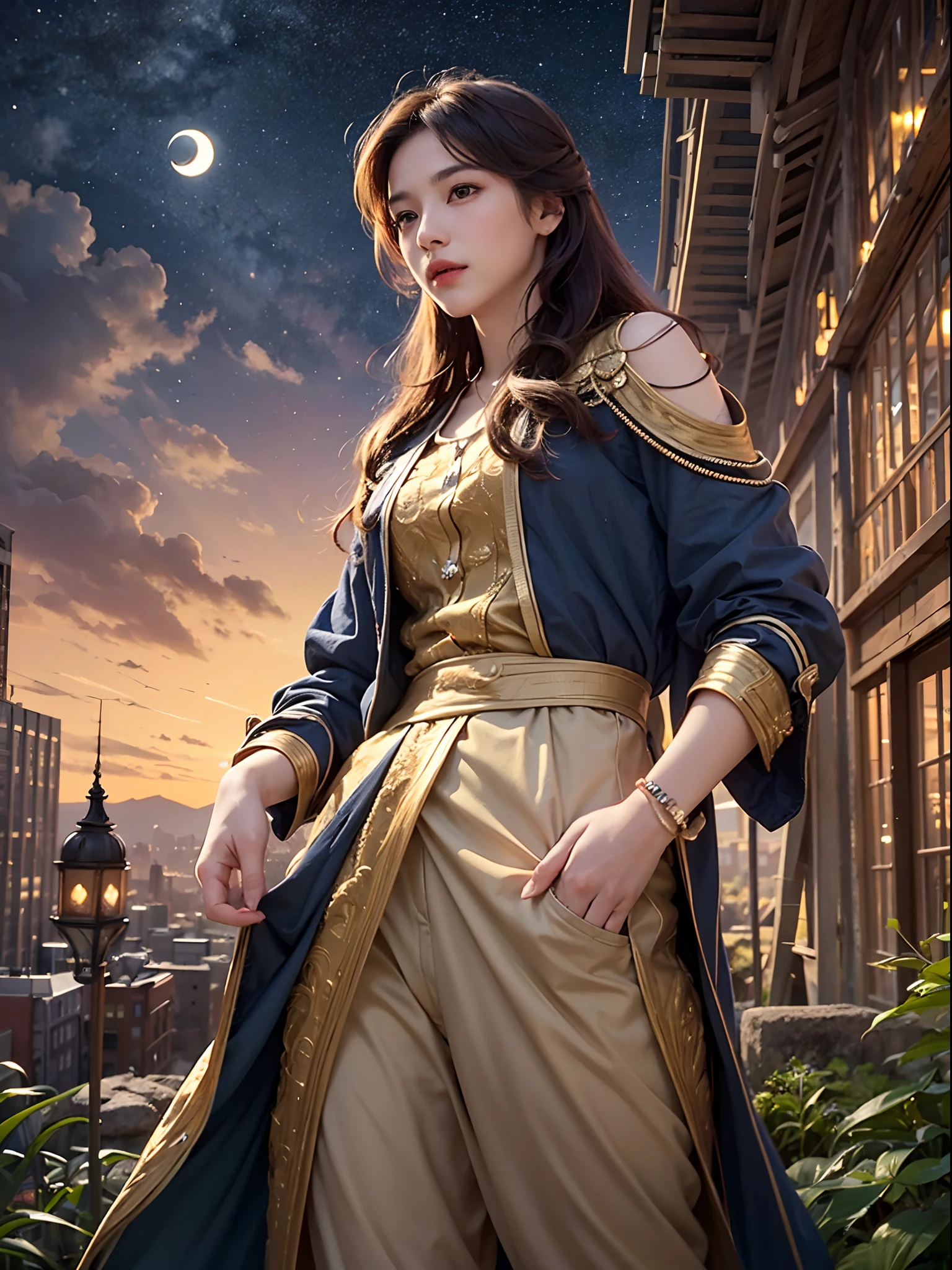 a beautiful adventure boy with a beautiful girl in city of gold in jungle moonlight realistic, hd 4k clearity  , masterpiece, old buildings and artifacts made of gold,beautiful scenery in moonlight, night, golden sky background --auto --s2