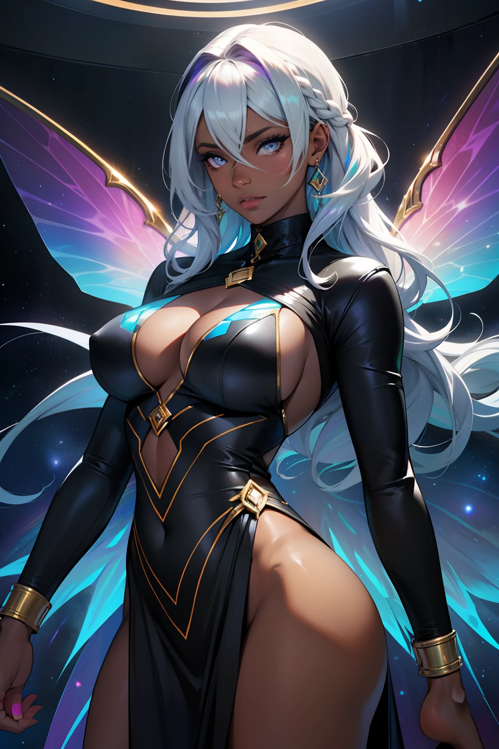 espartilho, Mulher gorda, seios grandes, seios fartos, pernas grossas, coxas grossas, bunda grande, seios suculentos, pele negra, Woman with thick lips, fleshy lips, pele escura, pele realmente escura, epele tom de chocolate, fleshy lips, Characters of African Person, ebony skin, chocolate skin, her every feature bathed in the ethereal glow of a holo color scheme, cativante e hipnotizante, Vestido bodycon adornado com cintilantes, shifting, e tons iridescentes, refletindo a luz em uma tela deslumbrante, Holographic gems delicately reflecting a rainbow of colors, slender choker adding a touch of elegance, Ondas elegantes de cabelo, cintilante com tons brilhantes combinando com o esquema de cores holo, holographic makeup adorning her eyes and lips, holo-infused ambiance, floating orbs illuminating the space in iridescent glory, magnetic presence exuding grace, confidence, and a unique allure that captures all attention moth wings, sexy clothes, wings, moth wings, transluscent wings, fleshy lips, fleshy lips, thick lips, beautifull lips, pele negra, really dark skin, really dark skin, ebony skin, rainbow hair, curly hair, cabelo cacheado, Silver hair with holographic waves, cabelo bonito, really dark skin, ebony skin, medieval silver hairm d&D dress, perfect eyes, detailed eyes