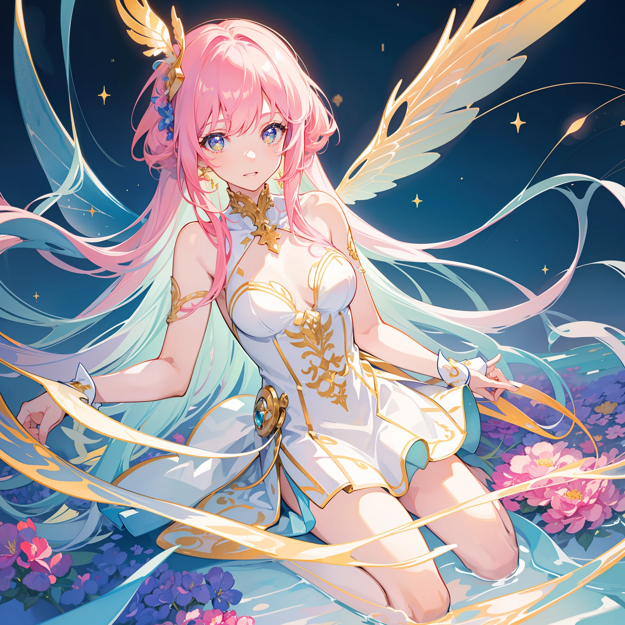 masterpiece, best quality, sharp focus, 8k, intricately detailed environment, anime, watercolor illustration, colorful, bright colors, whimsical, glowing lights, liquid otherworldly, fairy lights, beautiful girl in flowing liquid glowing dress, perfect face, golden ratio, sparkling eyes, watercolor, liquid light, angel wings