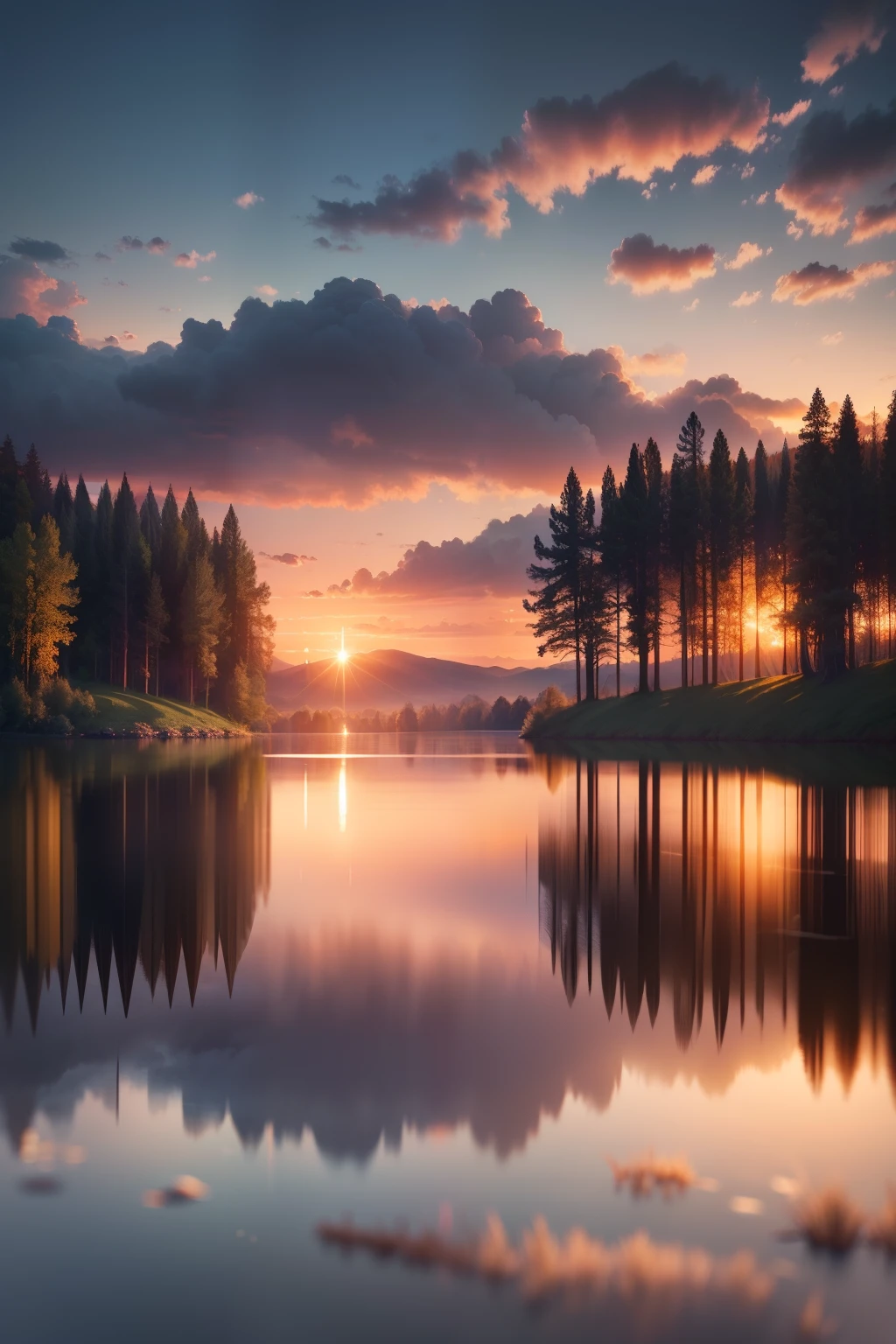 Wallpaper, summer, lake, dawn, forest, clouds, dawn background, depth of field, HD detail, hyperdetail, cinematic, soft light, deep field focus bokeh, ray tracing, diffuse (ultra-fine glass reflection) and realism. --v6