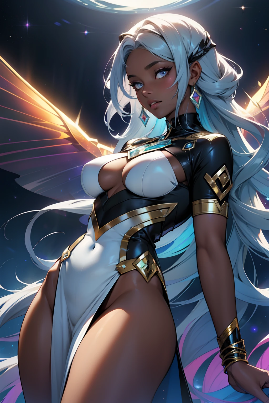 espartilho, Mulher gorda, seios grandes, seios fartos, pernas grossas, coxas grossas, bunda grande, seios suculentos, pele negra, Woman with thick lips, fleshy lips, pele escura, pele realmente escura, epele tom de chocolate, fleshy lips, Characters of African Person, ebony skin, chocolate skin, her every feature bathed in the ethereal glow of a holo color scheme, cativante e hipnotizante, Vestido bodycon adornado com cintilantes, shifting, e tons iridescentes, refletindo a luz em uma tela deslumbrante, Holographic gems delicately reflecting a rainbow of colors, slender choker adding a touch of elegance, Ondas elegantes de cabelo, cintilante com tons brilhantes combinando com o esquema de cores holo, holographic makeup adorning her eyes and lips, holo-infused ambiance, floating orbs illuminating the space in iridescent glory, magnetic presence exuding grace, confidence, and a unique allure that captures all attention moth wings, sexy clothes, wings, moth wings, transluscent wings, fleshy lips, fleshy lips, thick lips, beautifull lips, pele negra, really dark skin, really dark skin, ebony skin, rainbow hair, curly hair, cabelo cacheado, Silver hair with holographic waves, cabelo bonito, really dark skin, ebony skin, medieval silver hairm d&D dress, perfect eyes, detailed eyes