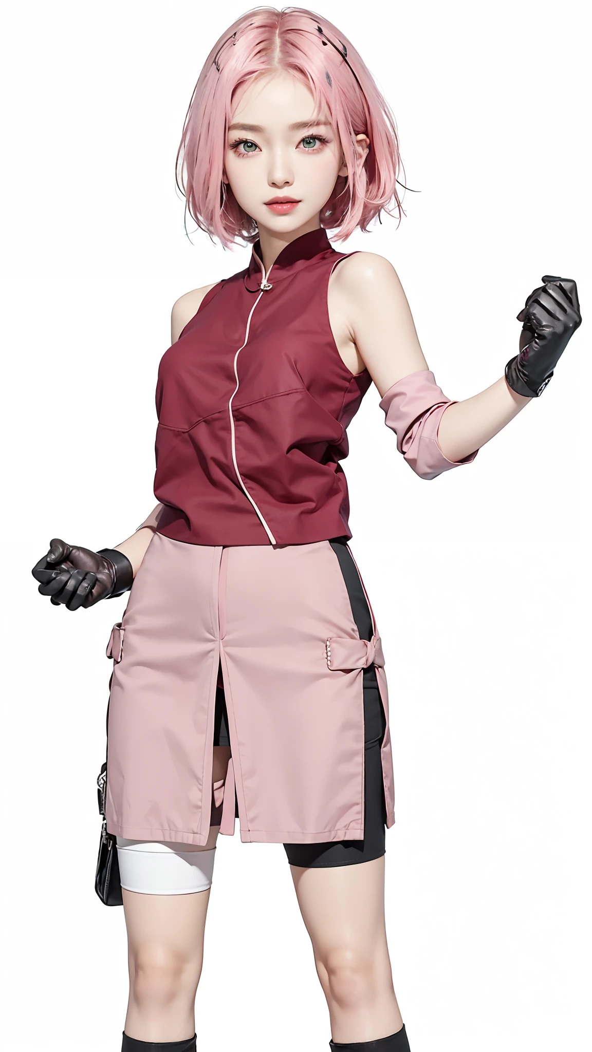 Masterpiece, best picture quality, one beautiful girl, detailed eyes, swollen eyes, pink hair, short hair, fair skin, cute, cute legs, short skirt, Japanese woman, Asian beauty, moonlight, strong eyes, professional lighting, bright lighting, double eyelids, slender, Japanese woman, Asian beauty, smile expresion, green eyes