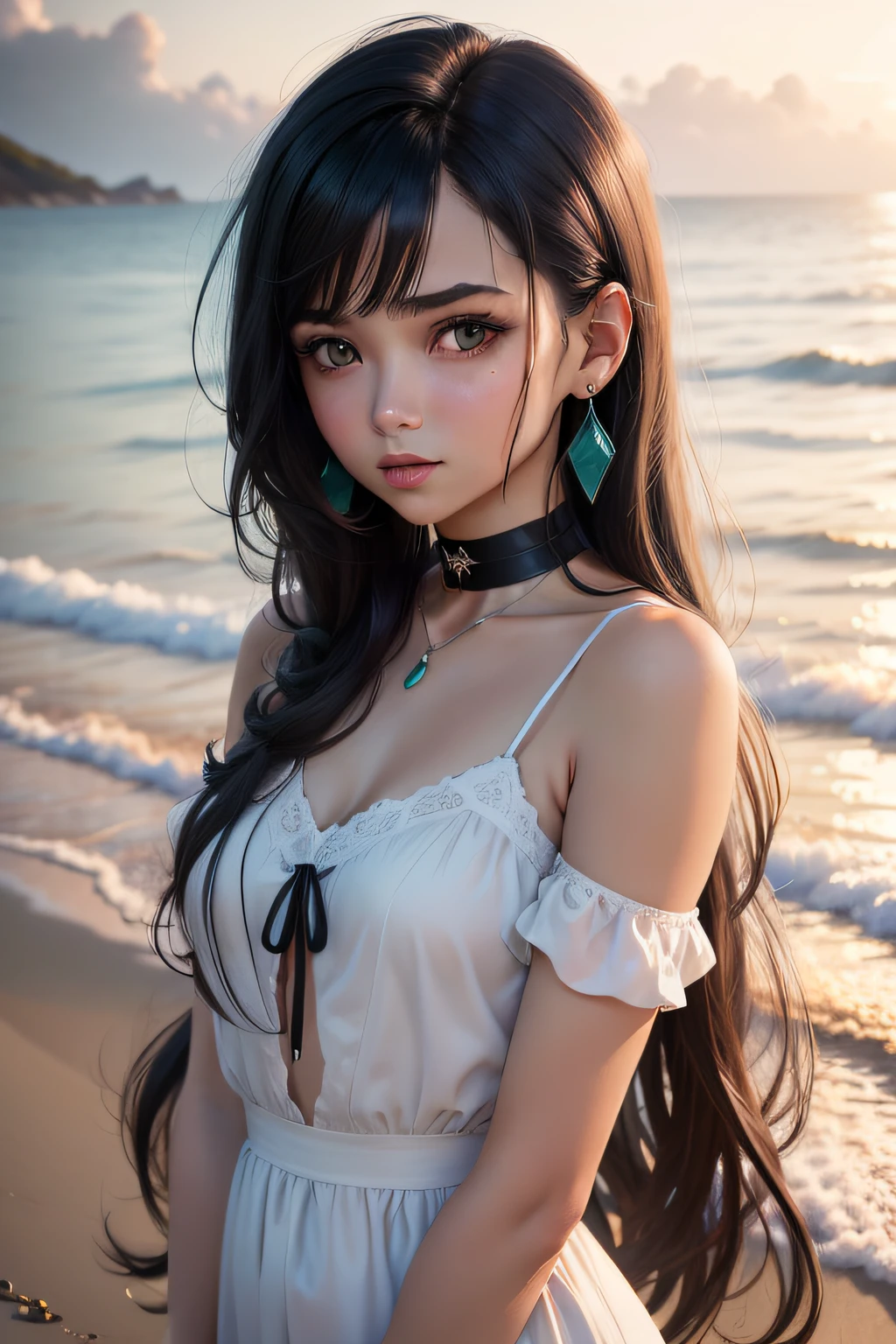 best quality, ..3D rendering work, ..3DMM style, Close-up, portrait, ......3d, 1girl, thin, only, black hair, teardrop earrings, looking at camera, front, realistic, upper body , MAKING POSES, Bottom of a beach with sunset, bangs, Looking away, long straight black hair, parted lips, Choker, makeup , Squishy, WEARING white dress, green eyes, Tifa Lockhart, (small breasts : 1.1) Reference: Https://imagem9.Cdn.marine art...ai/2023-08-04/52449297297477/C9E0706CFFA353936C45F41FEF45E6C4F2A12E7C..png
