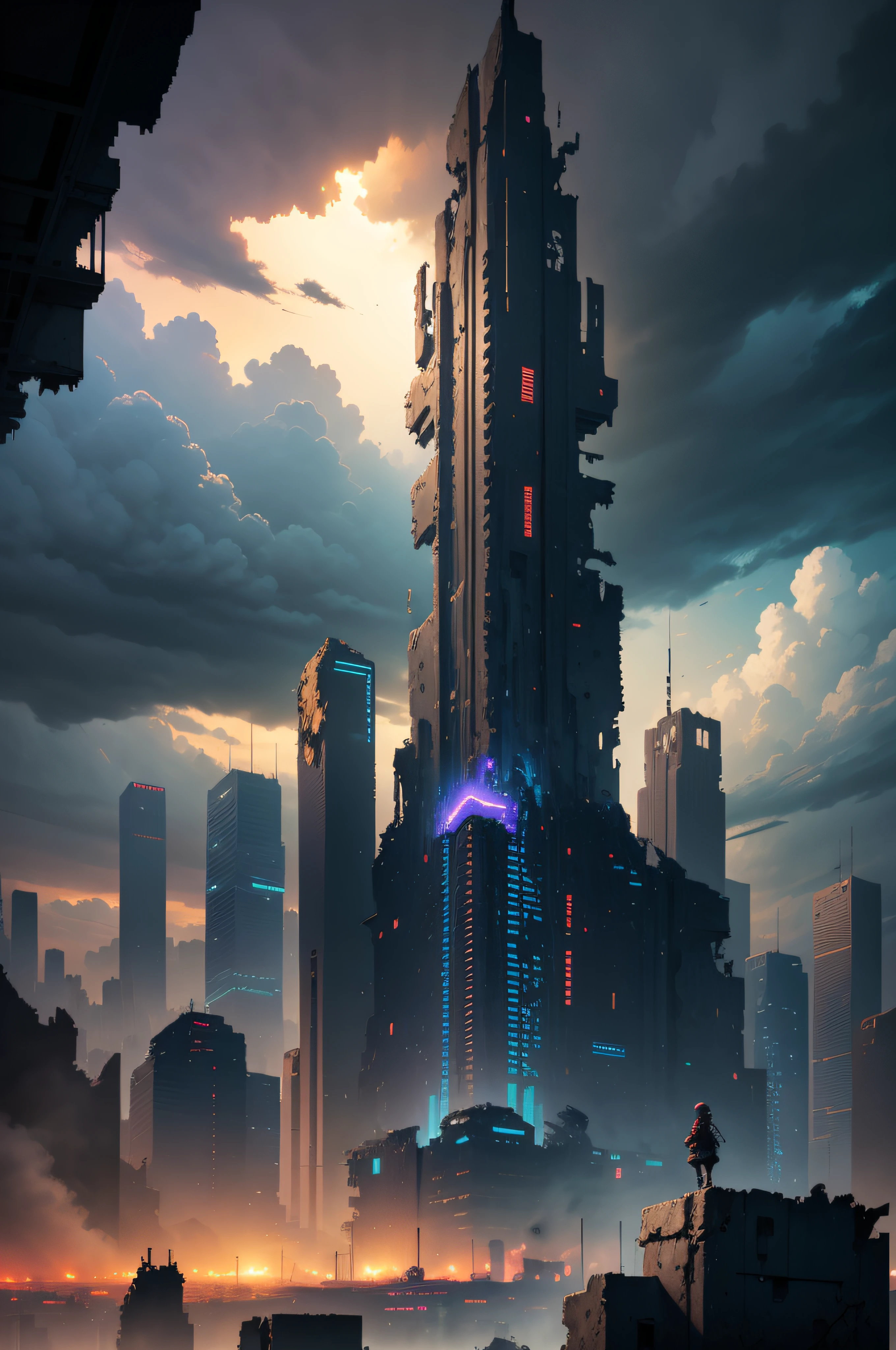 A panoramic of a destroyed and ruined city, dark sky, cyberpunk, future, centered, high quality, high detailed, 24-bit pixel art, sega dreamcast bitmap image, clean pixel art, pixel art style, cover art style, award winning ilustration