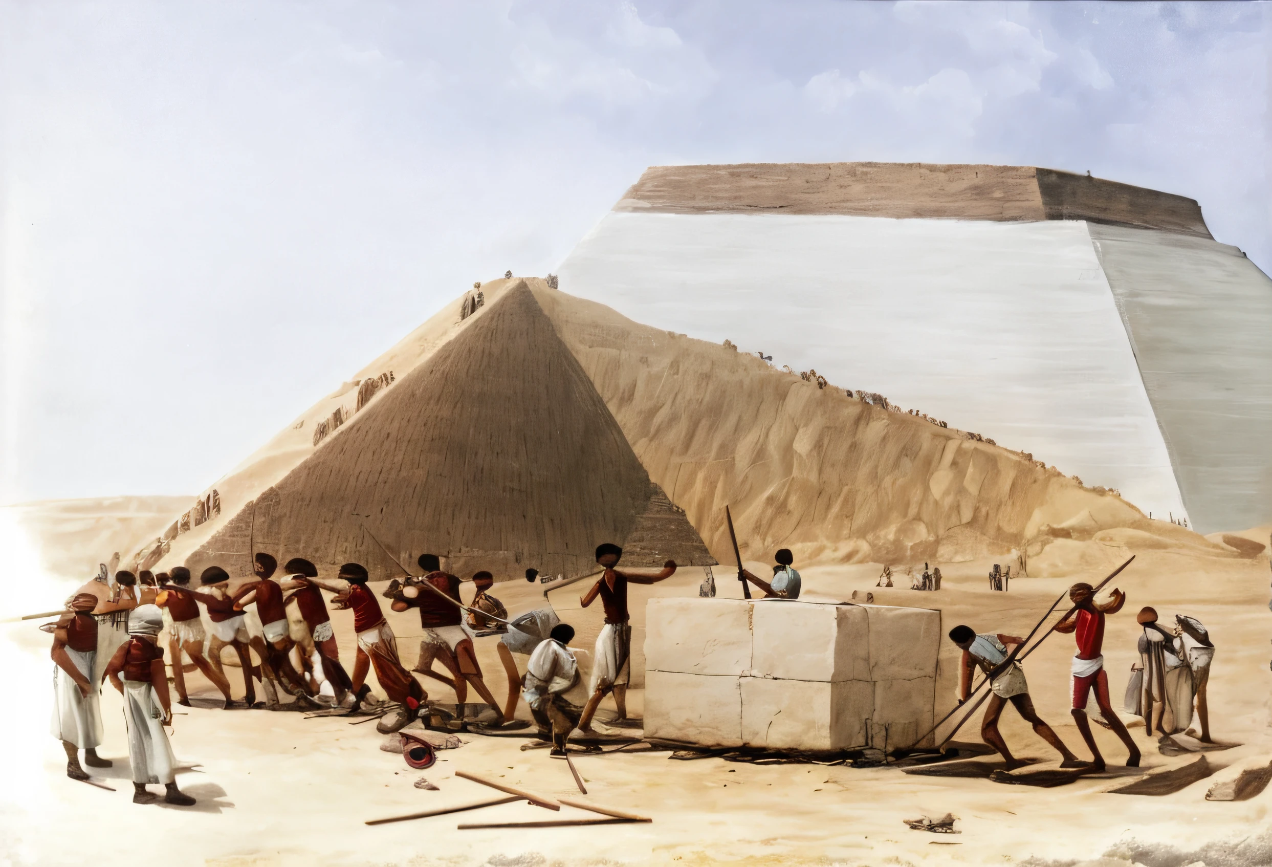 painting of a group of men working on a large structure, ancient megastructure pyramid, historical artistic depiction, by Harrington Mann, ancient egypt painting, ancient pyramid, great pyramid of giza, by Richard Mortensen, by Friedrich Gauermann, historical painting, history painting, by John Ellsworth Weis, award winning historic painting, by John Atherton, pyramid, detailed, masterpiece