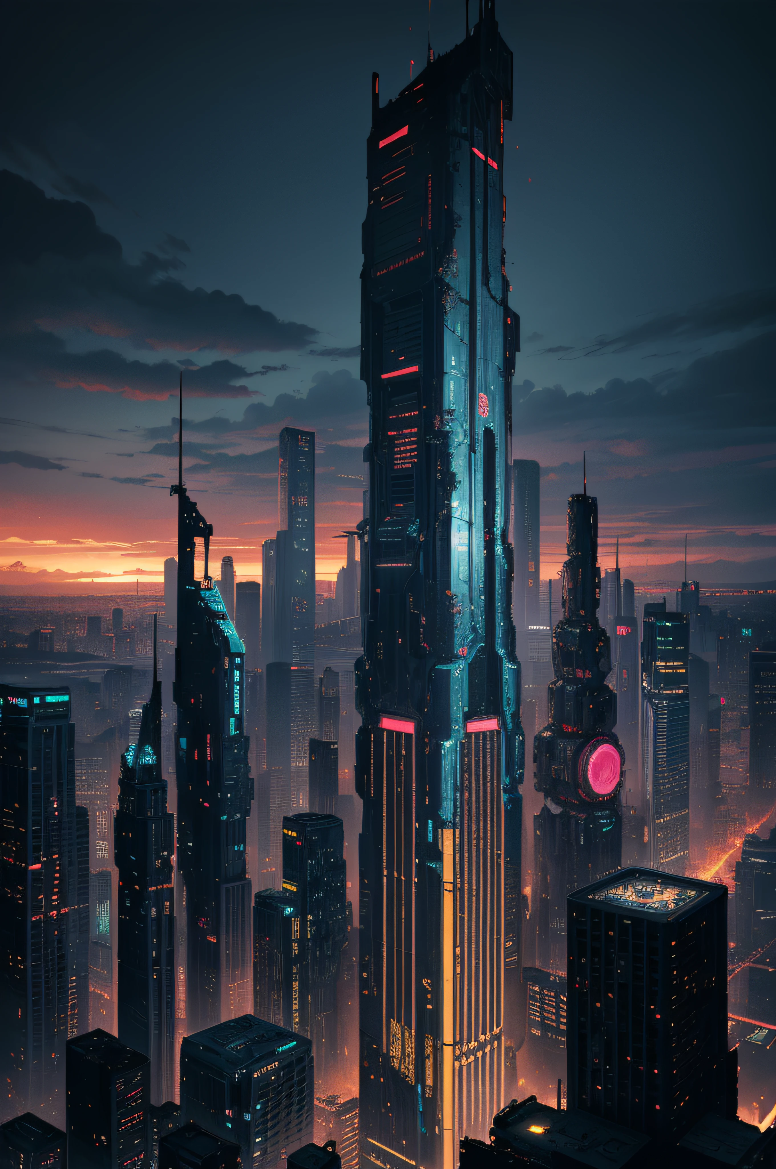 A panoramic of a destroyed and ruined city, dark sky, cyberpunk, future, centered, high quality, high detailed, 24-bit pixel art, sega dreamcast bitmap image, clean pixel art