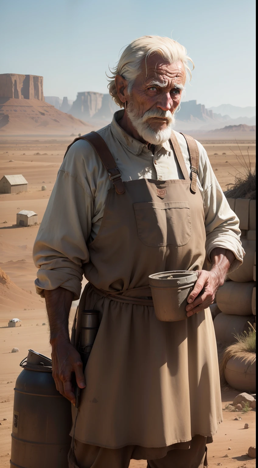 A lonely old farmer, in a post apocalyptic world, struggling to produce food amid arid and polluted terrain, usando tecnologias rudimentares.