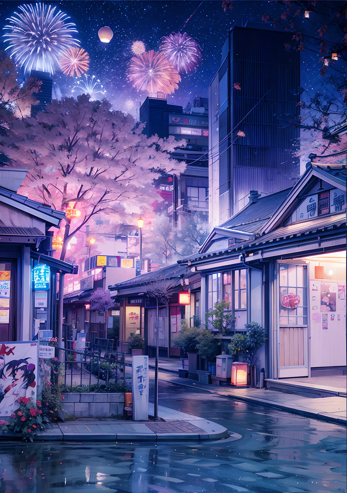 anime city street scene with fireworks and lanterns in the sky, anime background art, beautiful anime scene, tokyo anime scene, anime beautiful peace scene, anime background, anime scenery, beautiful anime scenery, beautiful cityscape, japanese city at night, night scenery, spring season city, tokyo street background, dreamy chinese town, purple lighted street, colorful anime movie background