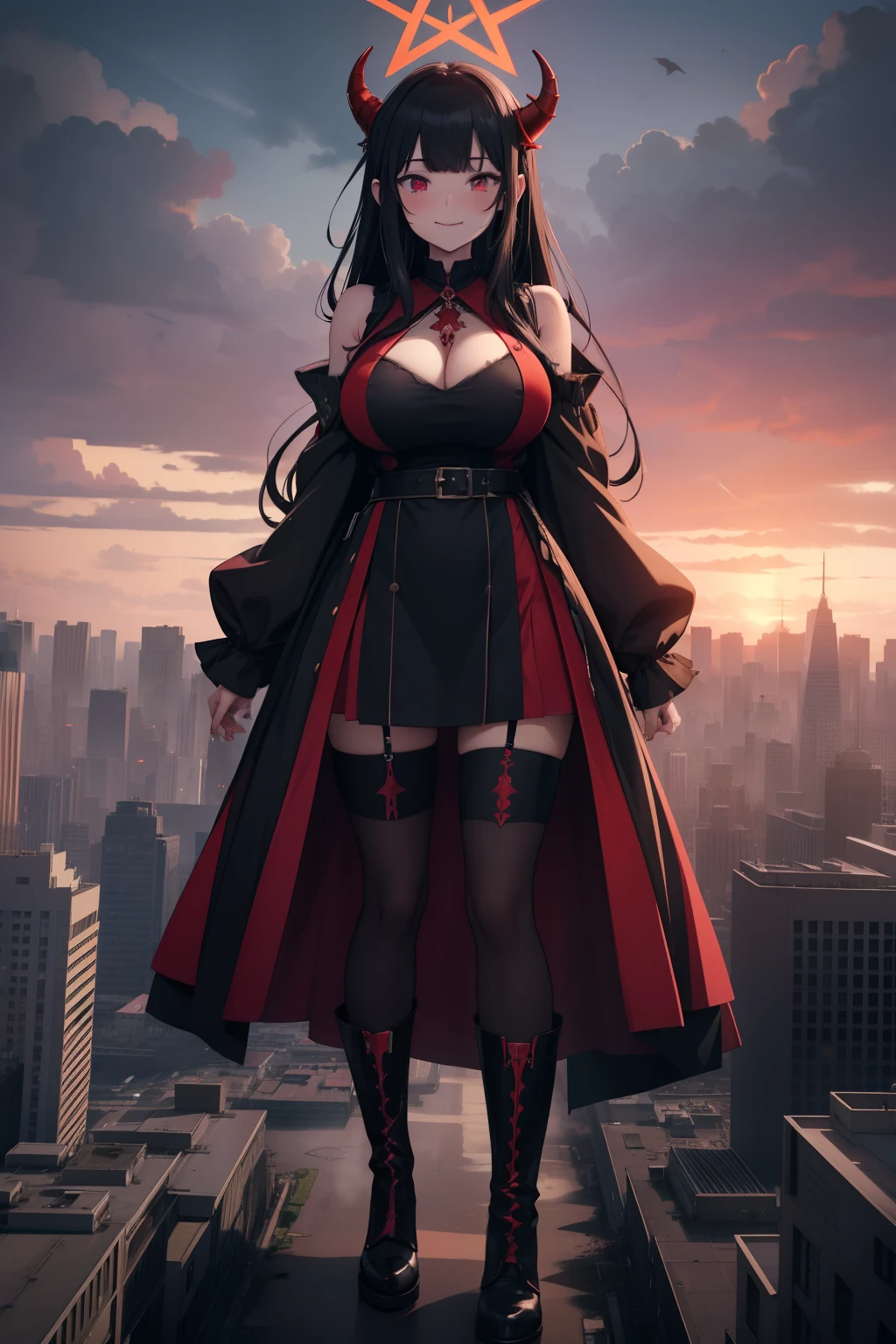 Fire,Devil GtsGiga,Looming,crimson eyes,demon horns,menacing smile,Rsmpge,goth,pentagram,ruined city,iodide does cross earrings,black boots,black apron,long hair,huge mommy milkers,Gtscity,cityscape,clouds,red sky,mature women,regal,huge breast,fishnet ,summoning circle,Stepping