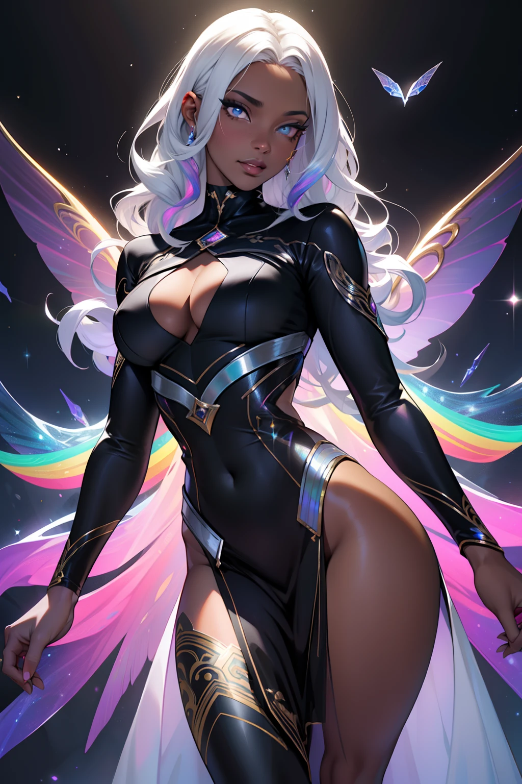 espartilho, Mulher gorda, seios grandes, seios fartos, pernas grossas, coxas grossas, bunda grande, seios suculentos, pele negra, Woman with thick lips, fleshy lips, pele escura, pele realmente escura, epele tom de chocolate, fleshy lips, Characters of African Person, ebony skin, chocolate skin, her every feature bathed in the ethereal glow of a holo color scheme, cativante e hipnotizante, Vestido bodycon adornado com cintilantes, shifting, e tons iridescentes, refletindo a luz em uma tela deslumbrante, Holographic gems delicately reflecting a rainbow of colors, slender choker adding a touch of elegance, Ondas elegantes de cabelo, cintilante com tons brilhantes combinando com o esquema de cores holo, holographic makeup adorning her eyes and lips, holo-infused ambiance, floating orbs illuminating the space in iridescent glory, magnetic presence exuding grace, confidence, and a unique allure that captures all attention moth wings, sexy clothes, wings, moth wings, transluscent wings, fleshy lips, fleshy lips, thick lips, beautifull lips, pele negra, really dark skin, really dark skin, ebony skin, rainbow hair, curly hair, cabelo cacheado, Silver hair with holographic waves, cabelo bonito, really dark skin, ebony skin, medieval silver hairm d&D dress, perfect eyes, detailed eyes, fluided dress, etherial holo dress, silver dress, beautyfull sexy dress, odalisc dress