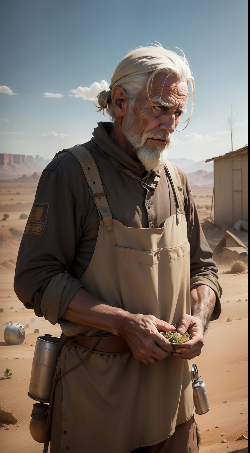 A lonely old farmer, in a post apocalyptic world, struggling to produce food amid arid and polluted terrain, usando tecnologias rudimentares.
