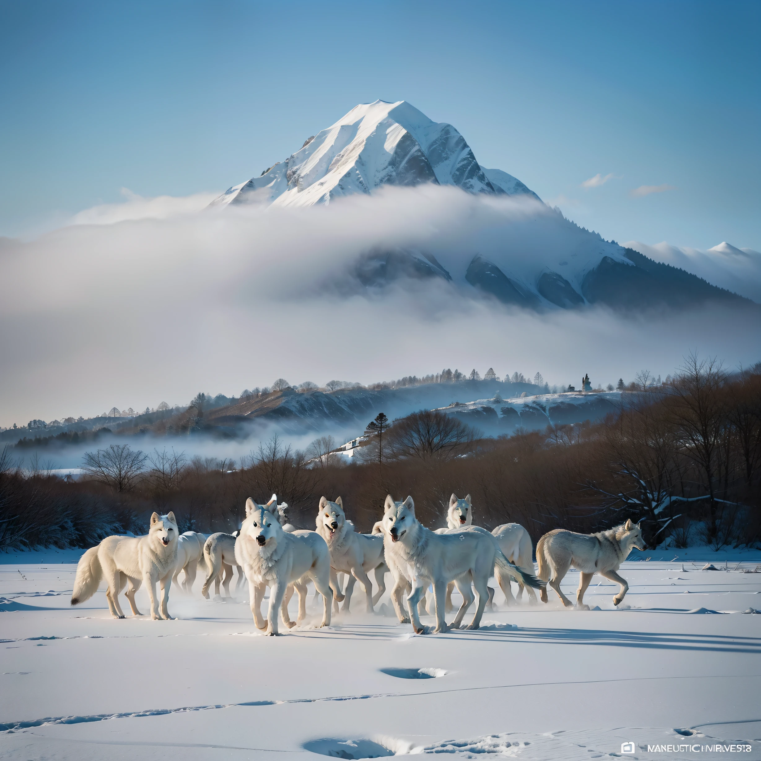 Na imagem, A scenery of wild beauty unfolds before your eyes. A landscape covered by a thin layer of snow extends as far as the eye can see. The sky is painted in soft shades of blue and gray, indicating that sunlight is about to appear or has already begun to set, casting an ethereal glow over everything.
No centro da cena, An impressive group of twelve white wolves gathers. Seus pelajes alvos brilham de forma deslumbrante contra o fundo nevado, and his eyes shine with intelligence and curiosity. Cada lobo possui um porte majestoso, exuding a mixture of grace and strength.
While some wolves remain standing, others move in an elegant dance, seus movimentos fluidos e coordenados, as if they were connected by an invisible wire of communication. The undulating tails and watchful eyes reveal that they are in a state of alertness, ready to react to any change in the environment around them.
The atmosphere around the wolves is charged with an intense and primitive energy. The air seems to vibrate with the feeling of a deep connection between these magnificent beings. Suas pegadas na neve, now marked in a pattern that echoes the group's choreography, tell the story of their journey to this point.
This image captures the essence of wild nature and the imposing beauty of white wolves in their purest form. Ela evoca um senso de respeito pela vida selvagem e pela harmonia que existe entre essas criaturas impressionantes e o mundo ao seu redor.