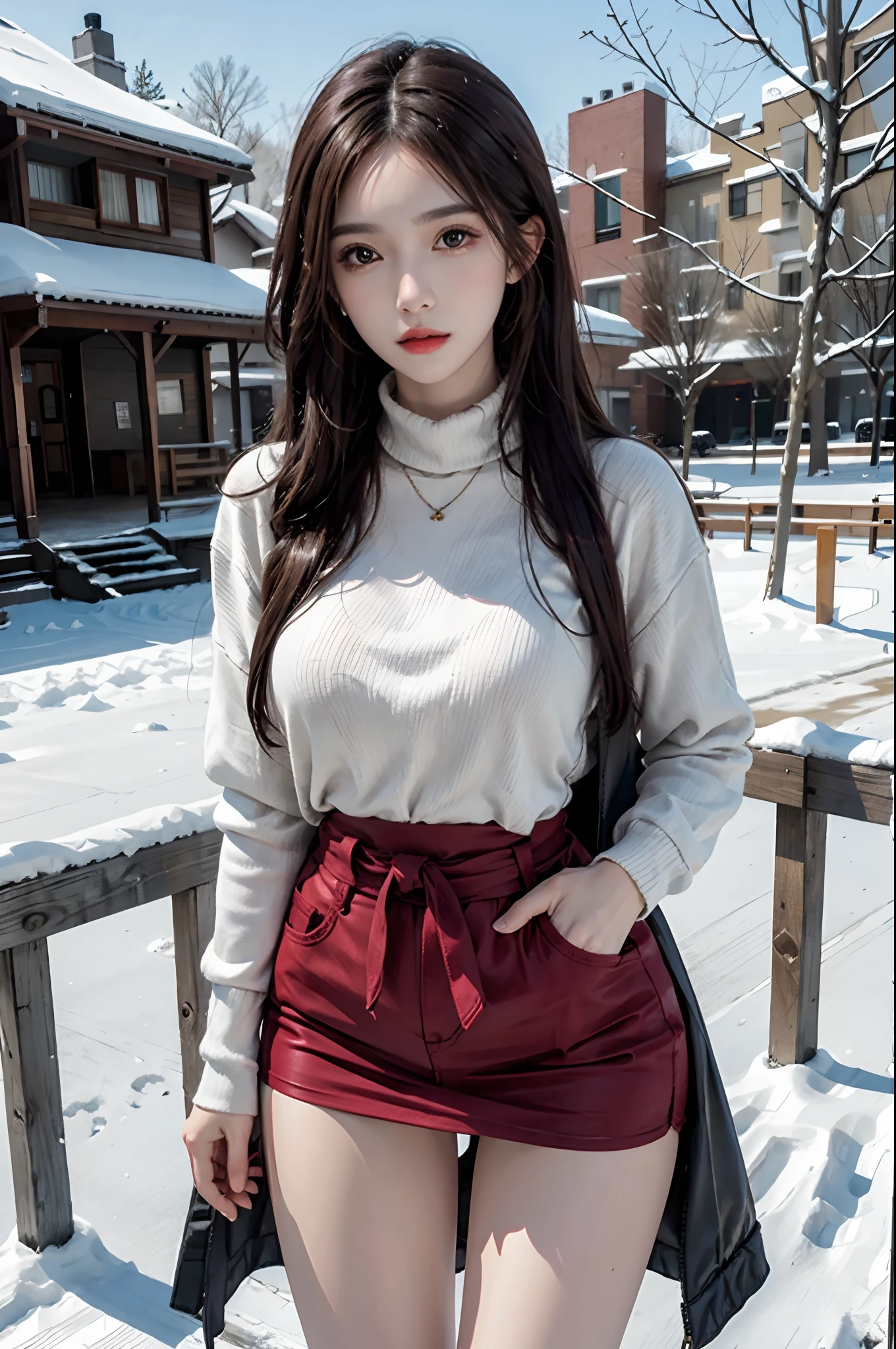 photorealistic, high resolution, 1women, solo, hips up, look at viewer, (detailed face), winter clothes, snow