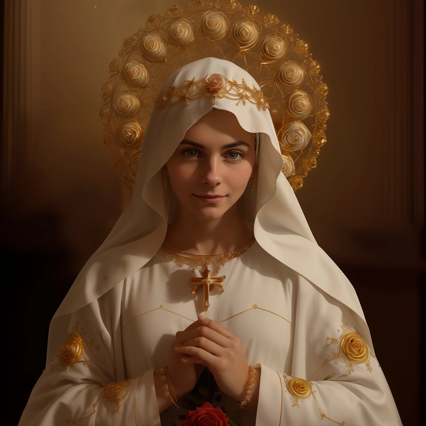 (((Holy VIRGIN MARY MYSTICAL ROSE. 19 years old))) ((( Con una cara seria y piadosa. Con una mirada dulce y tierna))) (obra maestra, calidad superior, mejor calidad, arte oficial, beautiful and aesthetic: 1.2), (1girl), extremadamente detallado, (Arte fractal: 1.3), colorido, highest detailed, Cara perfecta, parte superior del cuerpo, HDR, (orando: 1.3), (golden lines of white coat: 1.2), galaxia, (rayas de luz), eye-catching visuals, (dynamic stripes, senderos luminosos: 1.2), colores vibrantes,