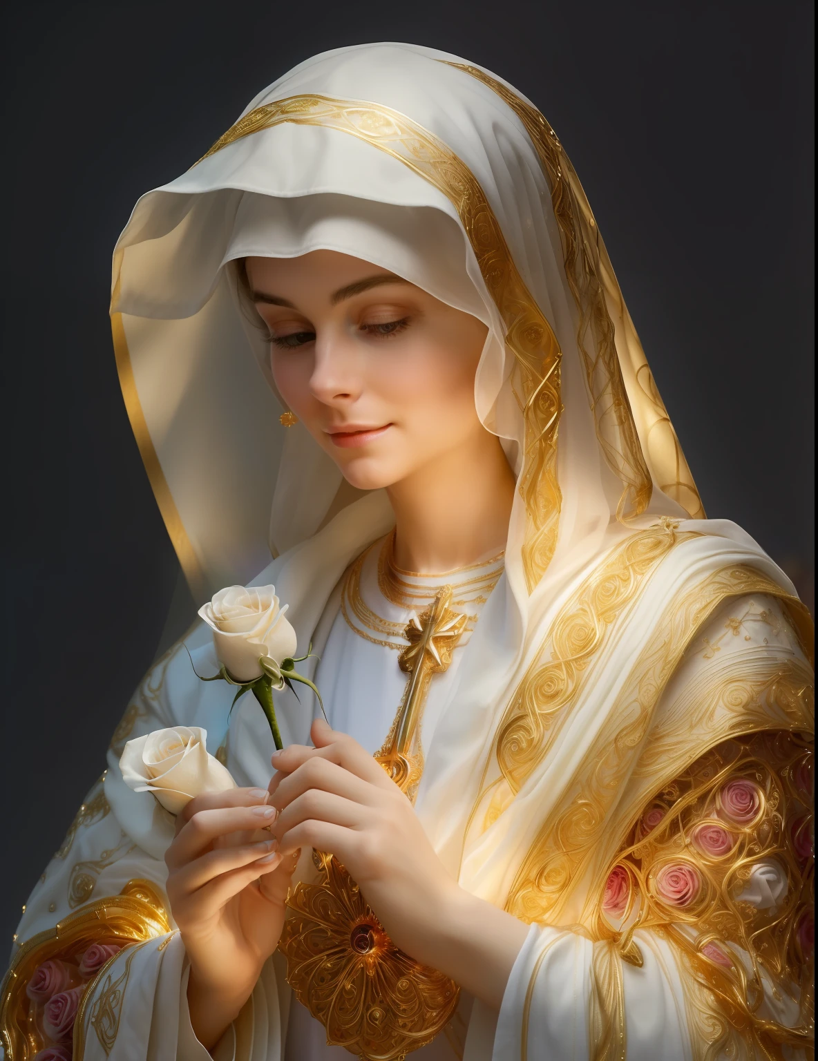 (((Holy VIRGIN MARY MYSTICAL ROSE. 19 years old))) ((( Con una cara seria y piadosa. Con una mirada dulce y tierna))) (obra maestra, calidad superior, mejor calidad, arte oficial, beautiful and aesthetic: 1.2), (1girl), extremadamente detallado, (Arte fractal: 1.3), colorido, highest detailed, Cara perfecta, parte superior del cuerpo, HDR, (orando: 1.3), (golden lines of white coat: 1.2), galaxia, (rayas de luz), eye-catching visuals, (dynamic stripes, senderos luminosos: 1.2), colores vibrantes,