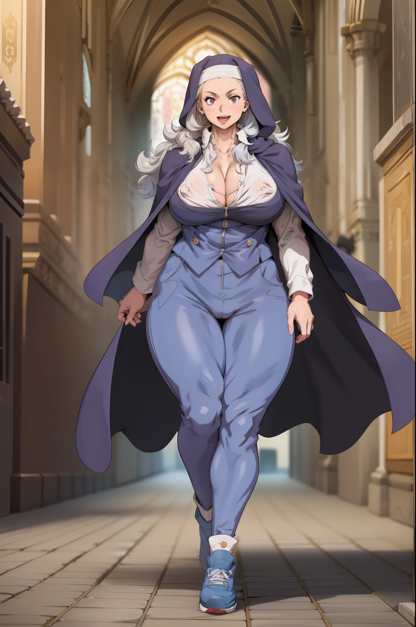 noi, nun, big breast,white boots, pants,cloak, musclegirl, walking, smile, long hair, catedral, vest, portrait