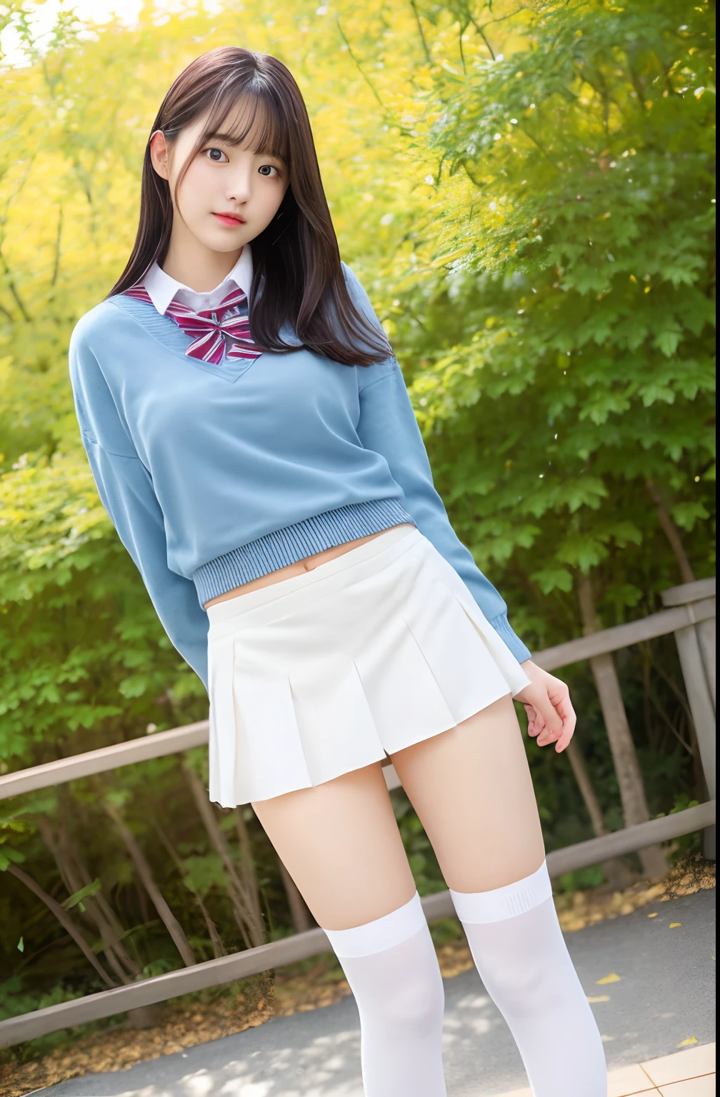Close up portrait of woman walking in park in uniform、Japan Person Model、Young Sensual Gravure Idol、Young cute gravure idol、Realistic Young Gravure Idol、Realistic sensual gravure idol、Young gravure idols、sophisticated gravure idol、奈良美智、Young skinny gravure idol、beautifull asian girl ever、oppai、full body Esbian、clong legs、Flip up the skirt yourself、Show your pants、Skirt flipping、Turn it over yourself、Show your pants、white panties、Pubic hair shows through、Taking off pantie、Show panties in white panties、Putting Hands in Pantys、I'm masturbating、String bread、Pull up your skirt to show your panties、Exposed panties、white panties、String bread、A sexy((Best Quality, 8K, masutepiece: 1.3)), 1girl in, Slim Abs Beauty: 1.3, (Hairstyle Casual, no big breasts: 1.2), JK Uniform: 1.1, Miniskirt, stockings of different colors on the left and right legs,, Super fine face, Fine eyes, Double eyelids, Home