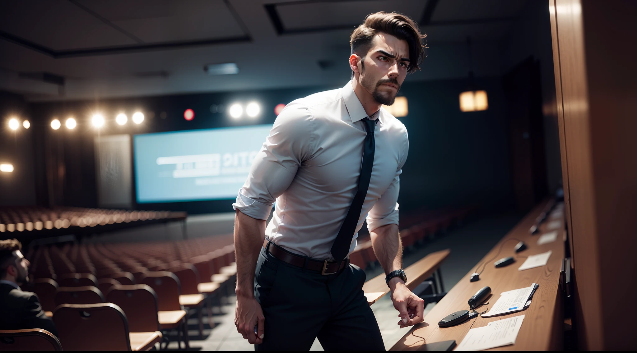 A man looking determined while public speaking, overcoming fear