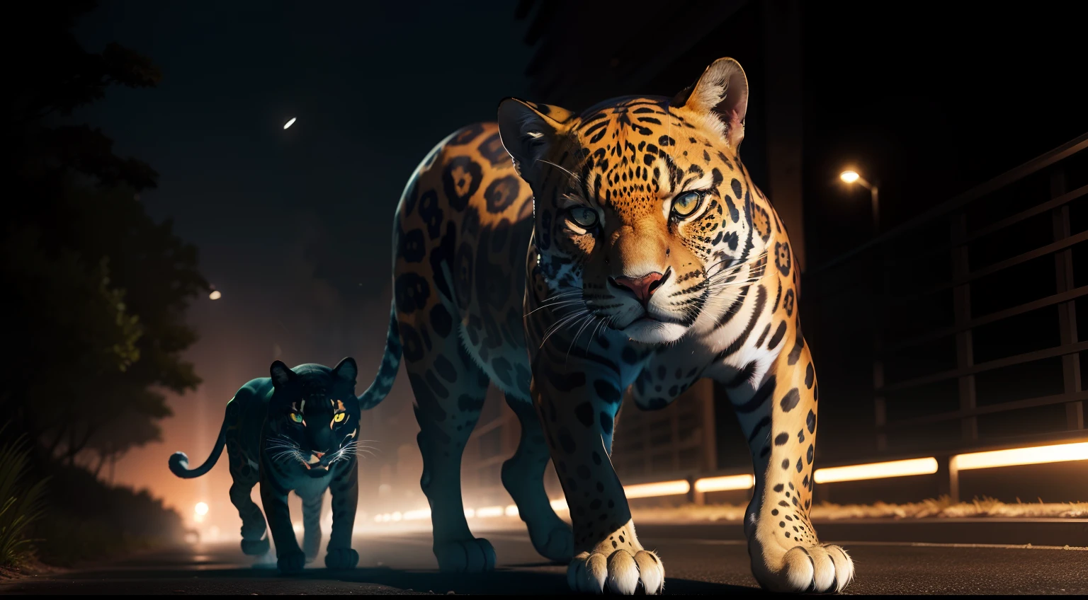 A jaguar prowling stealthily at night, darkness as its ally
