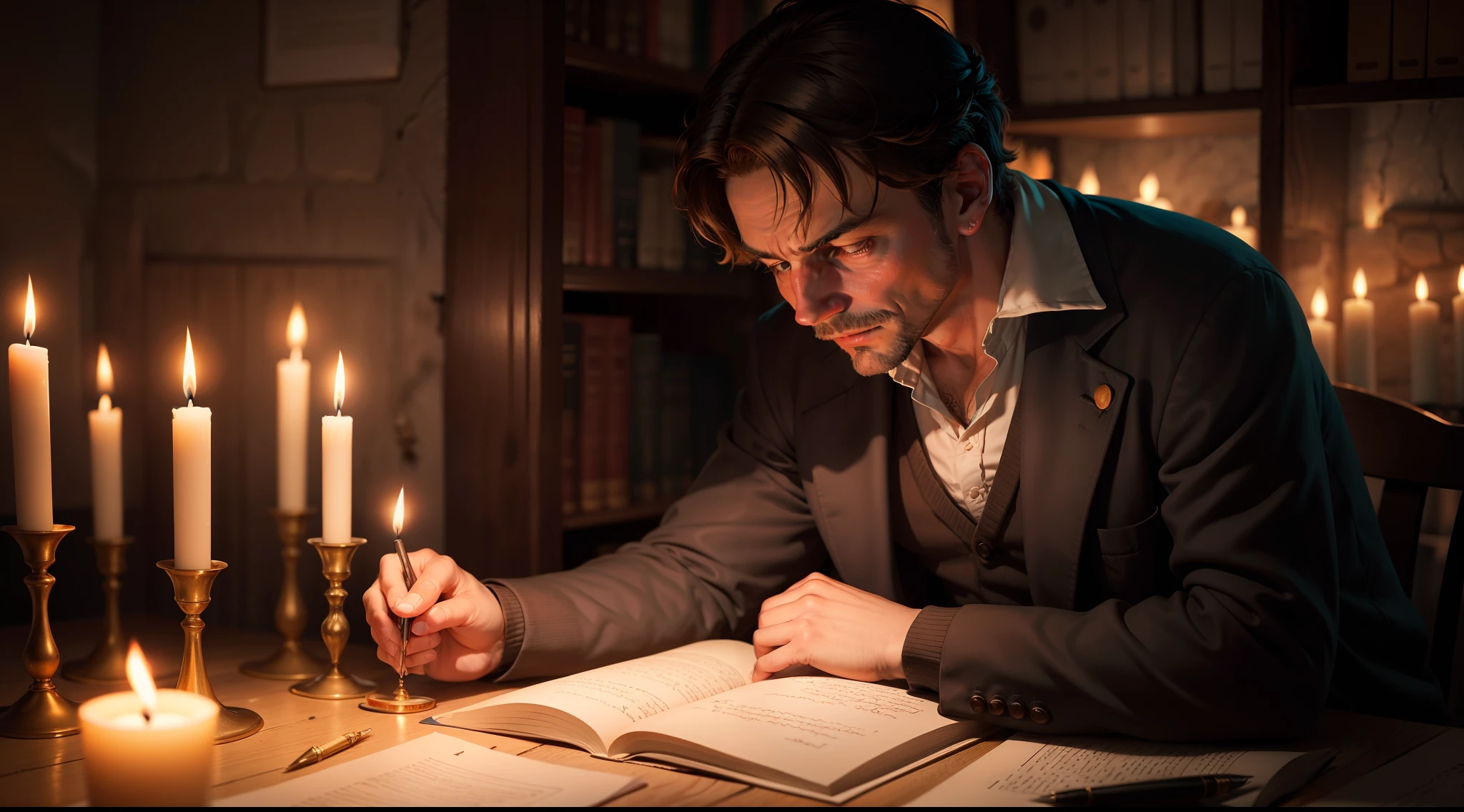 Seneca writing by candlelight on facing fears with courage