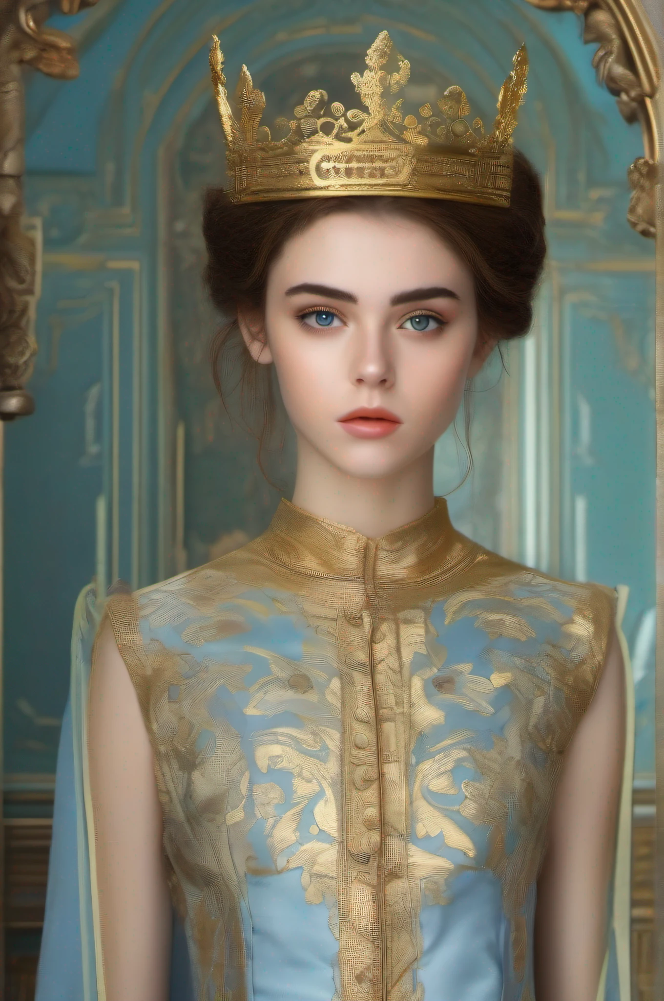 Young very beautiful Keane in a light blue dress, European face type, A jagged face, A small golden crown on his head, in the hall with green and gold details on the walls, centered in frame, facing camera, Symmetrical facial, ideal human, 85 mm lens,f8, photografic, ultra details, natural light, light background, photo, studio lightning