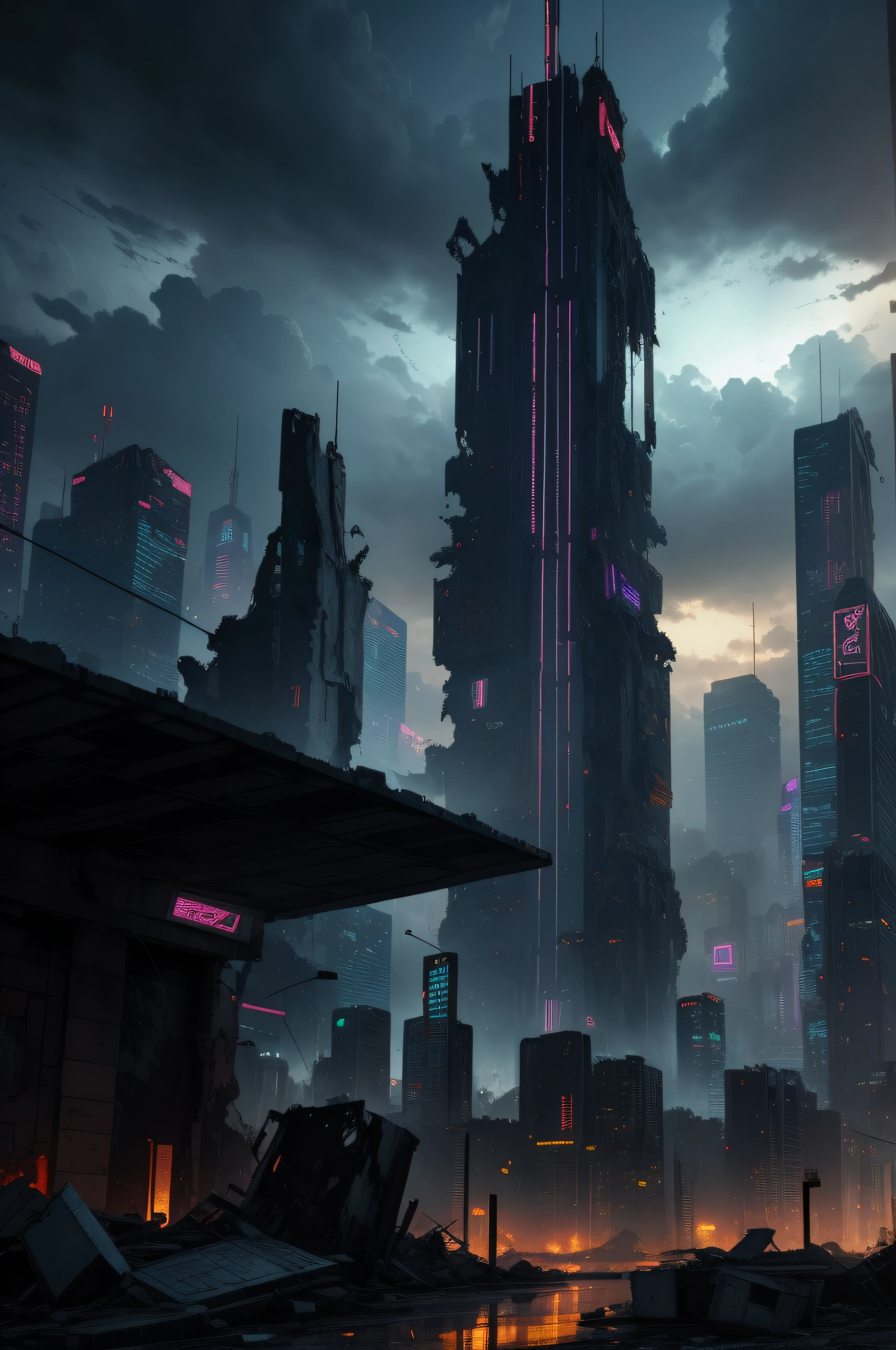A panoramic of a destroyed and ruined city, dark sky, cyberpunk, future, centered, high quality, high detailed, 24-bit pixel art, sega dreamcast bitmap image, clean pixel art