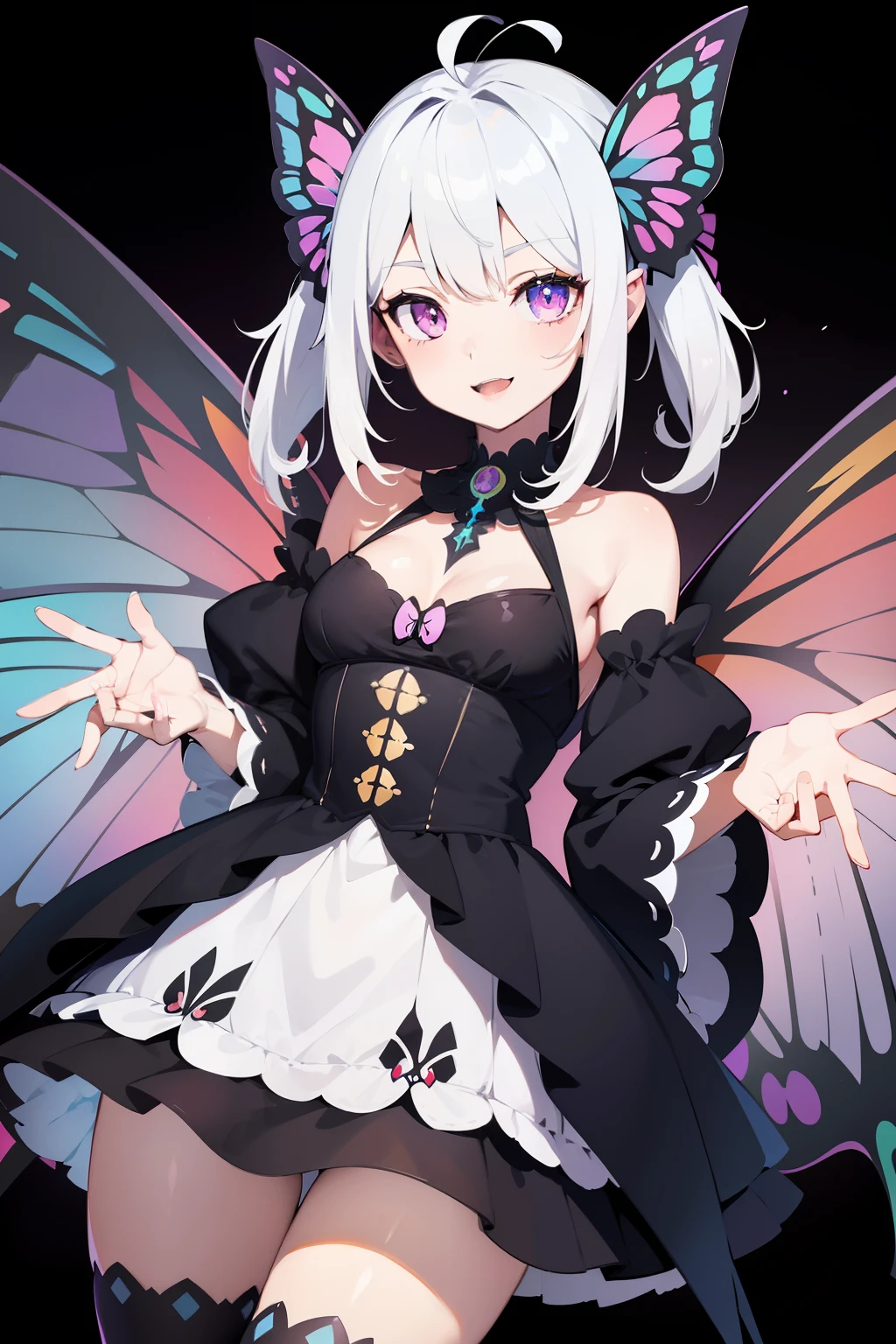 Masterpiece, Best quality, High quality, one anime girl, moth girl, crazy smile, pointy theeth, big black butterfly wings, Psychedelic, hight resolution, hightly detailed, ray tracing, butterfly antenna, white hair