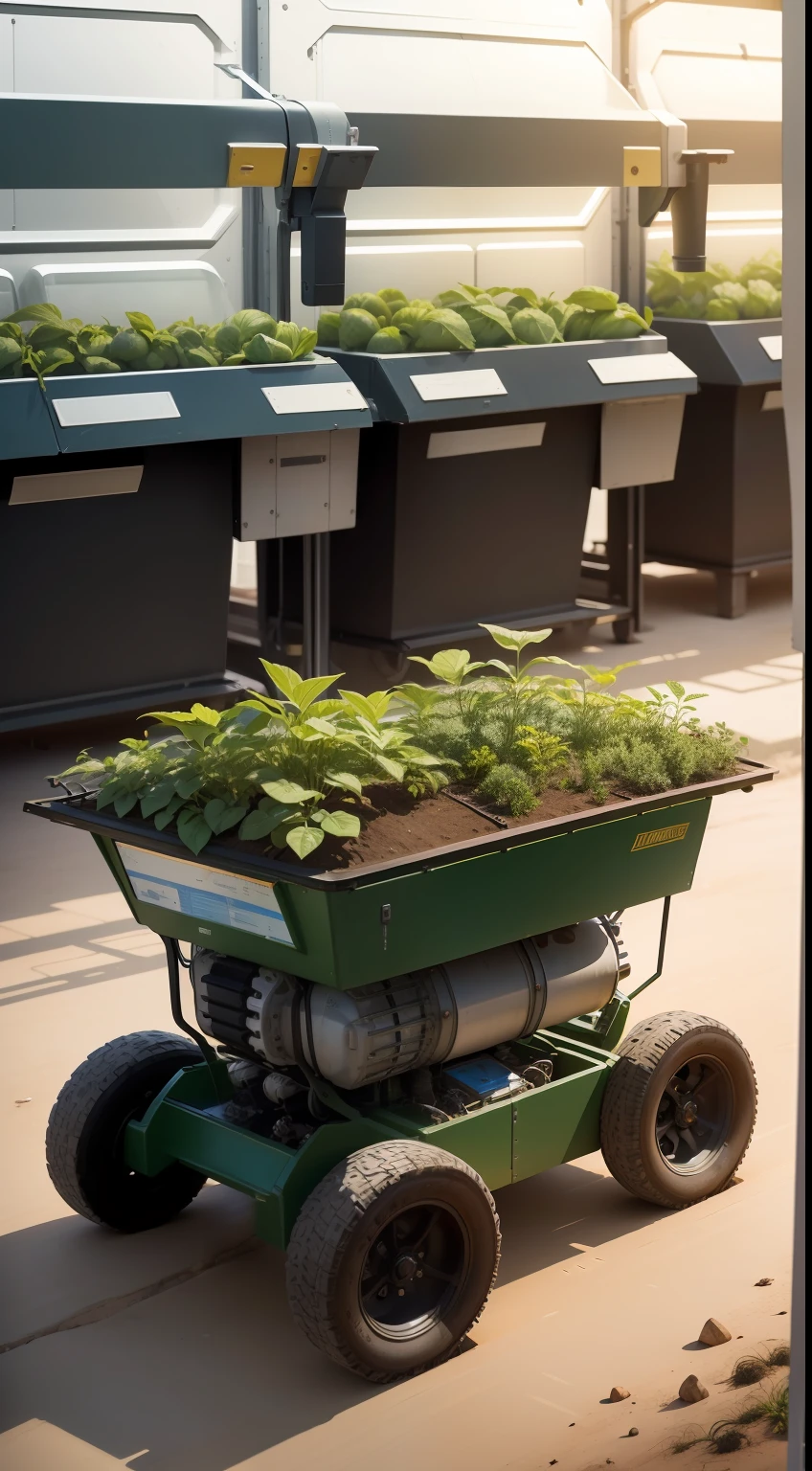 rudimentares.
Um lavrador idoso em um futuro distante, with a tired and aged appearance, tentando cultivar alimentos em uma estufa de alta tecnologia, with robots assisting you with agricultural tasks.