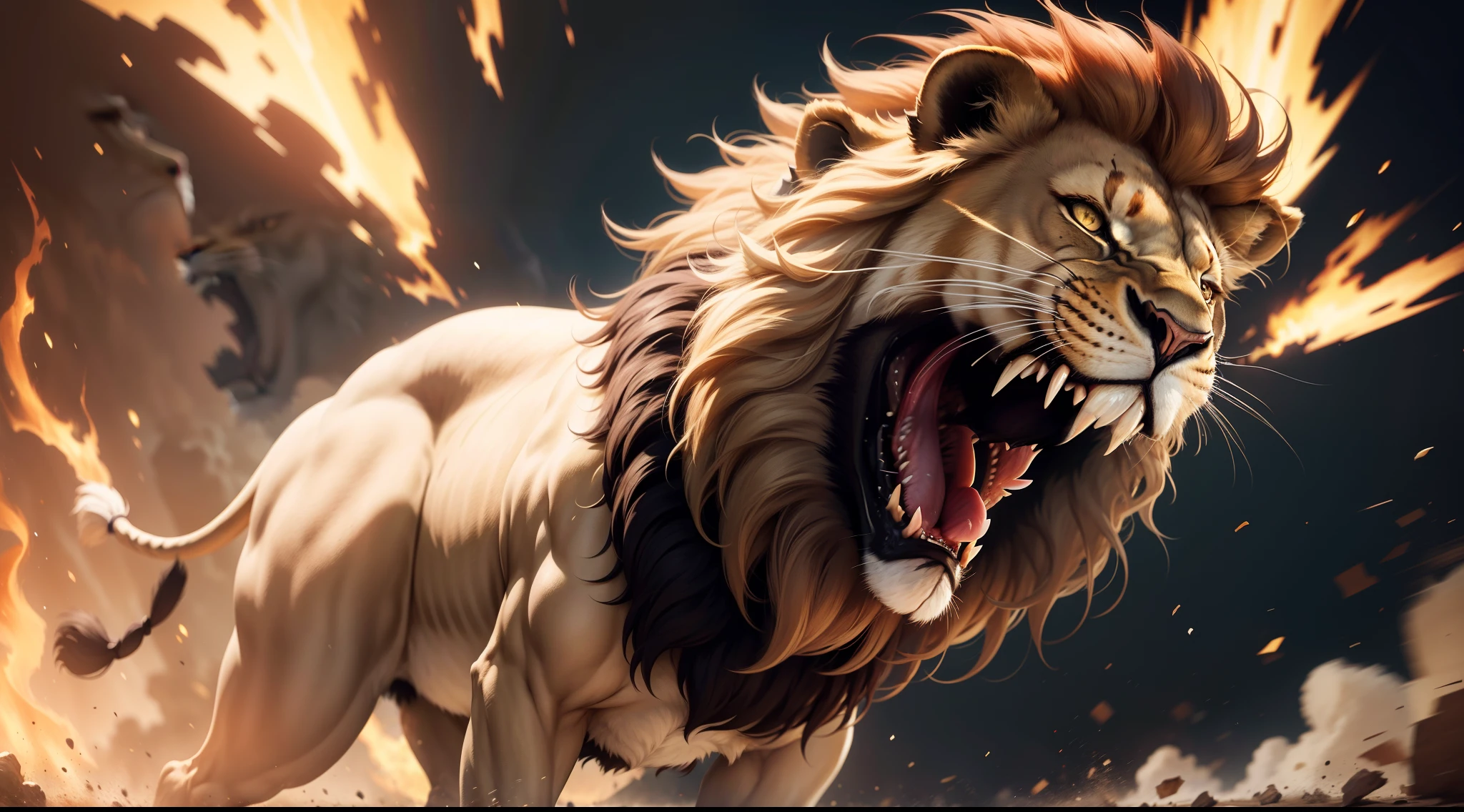 A lion roaring powerfully, unafraid and fierce