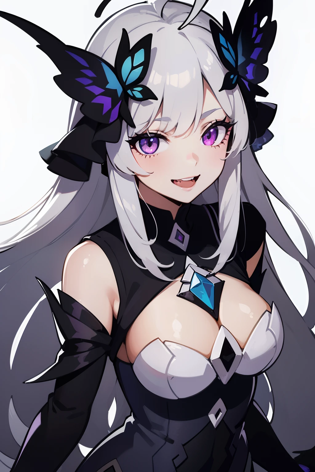 (Ashenhardt style:1.4), Masterpiece, Best quality, High quality, one anime girl, moth girl, crazy smile, pointy theeth, big black butterfly wings, Psychedelic, hight resolution, hightly detailed, ray tracing, butterfly antenna, white hair