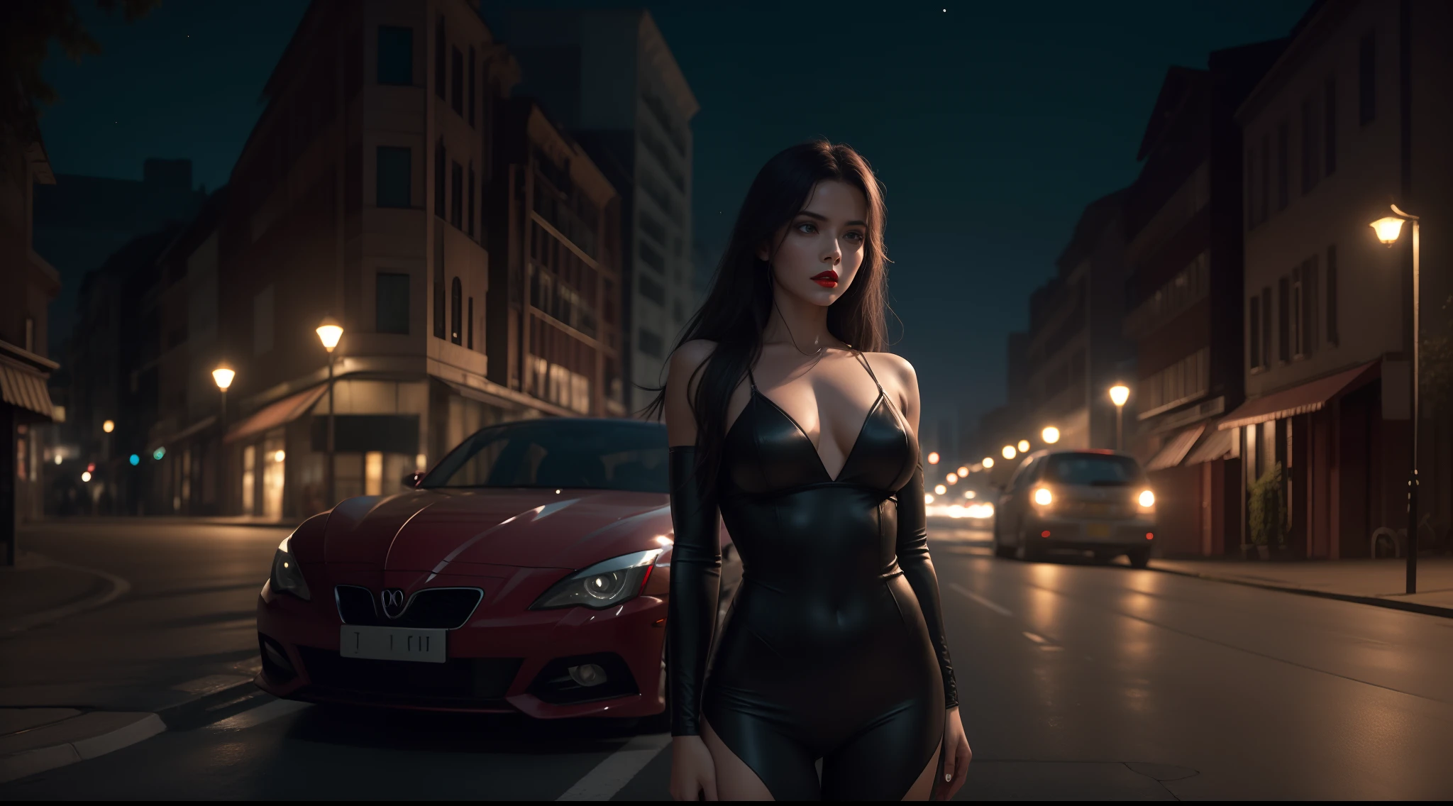 mulher bruxa sensual, Half-body plane without cutting the arms, Pose,red lips with vampire vibrations long hair, She's alone on a road in the background, The scene is close at night;, Realistic and detailed bokeh cinematic light background dark lighting 16k