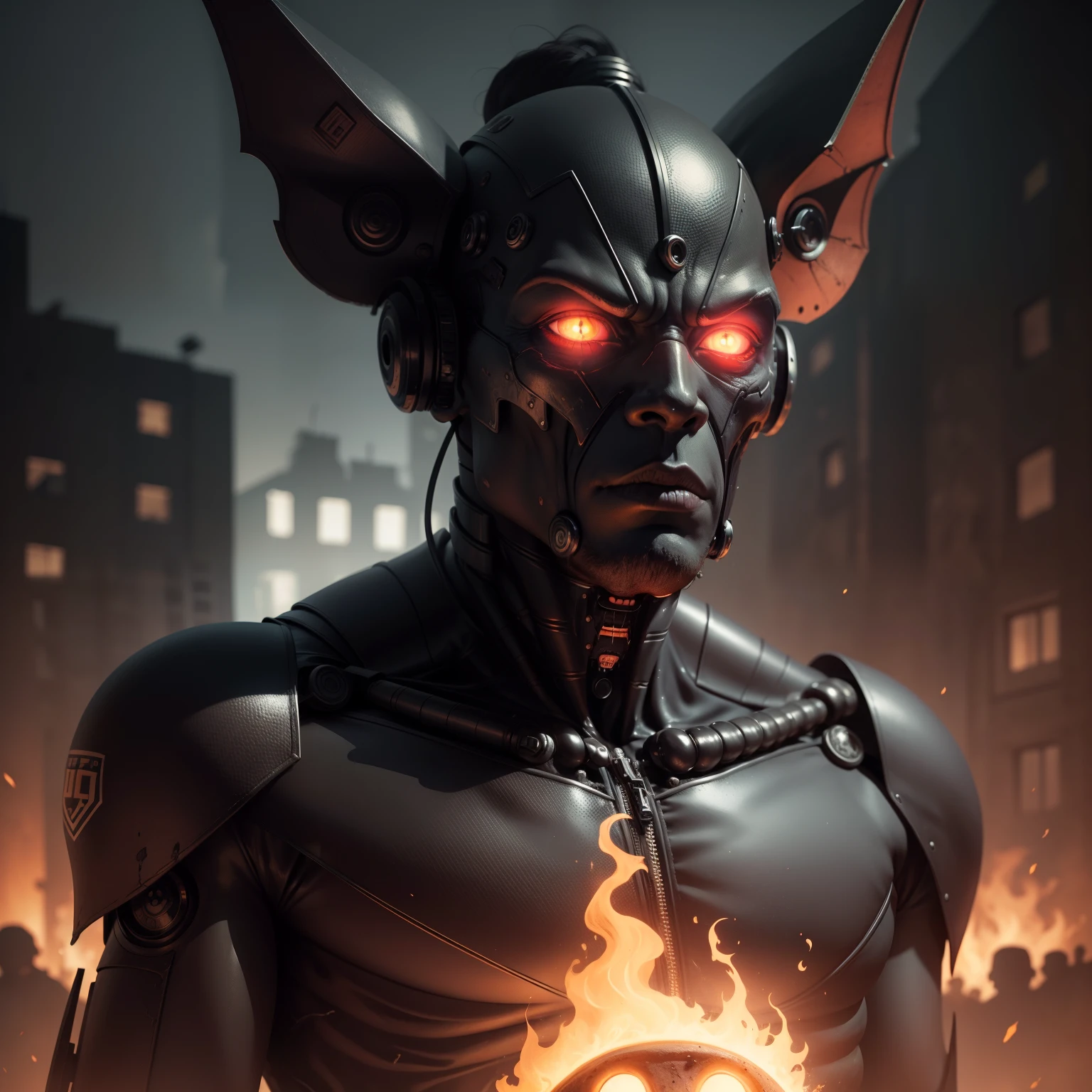 Um detetive, ele usa uma cartola preta, He is a cyborg and is in a dark and terrifying location