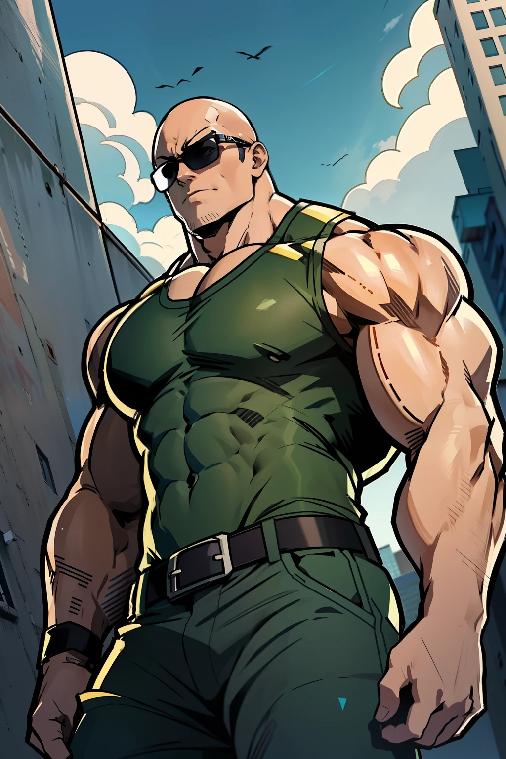 Generate an anime-style artwork with a high-angle shot of a muscular male character with his body facing the camera, THE CHARACTER IS ON TOP OF A TALL BUILDING, The protagonist must have an extremely muscular, very tall body similar to that of a bodybuilder. The character must be bald and dressed in a dark blue tank top, military green pants and black belt, black boots and wearing sunglasses. The protagonist must exude strength and dominance, displaying a powerful presence. The scene must only feature the muscular character, THE CHARACTER MUST BE ON TOP OF A BUILDING SHOWING A LARGE CITY BELOW IT
