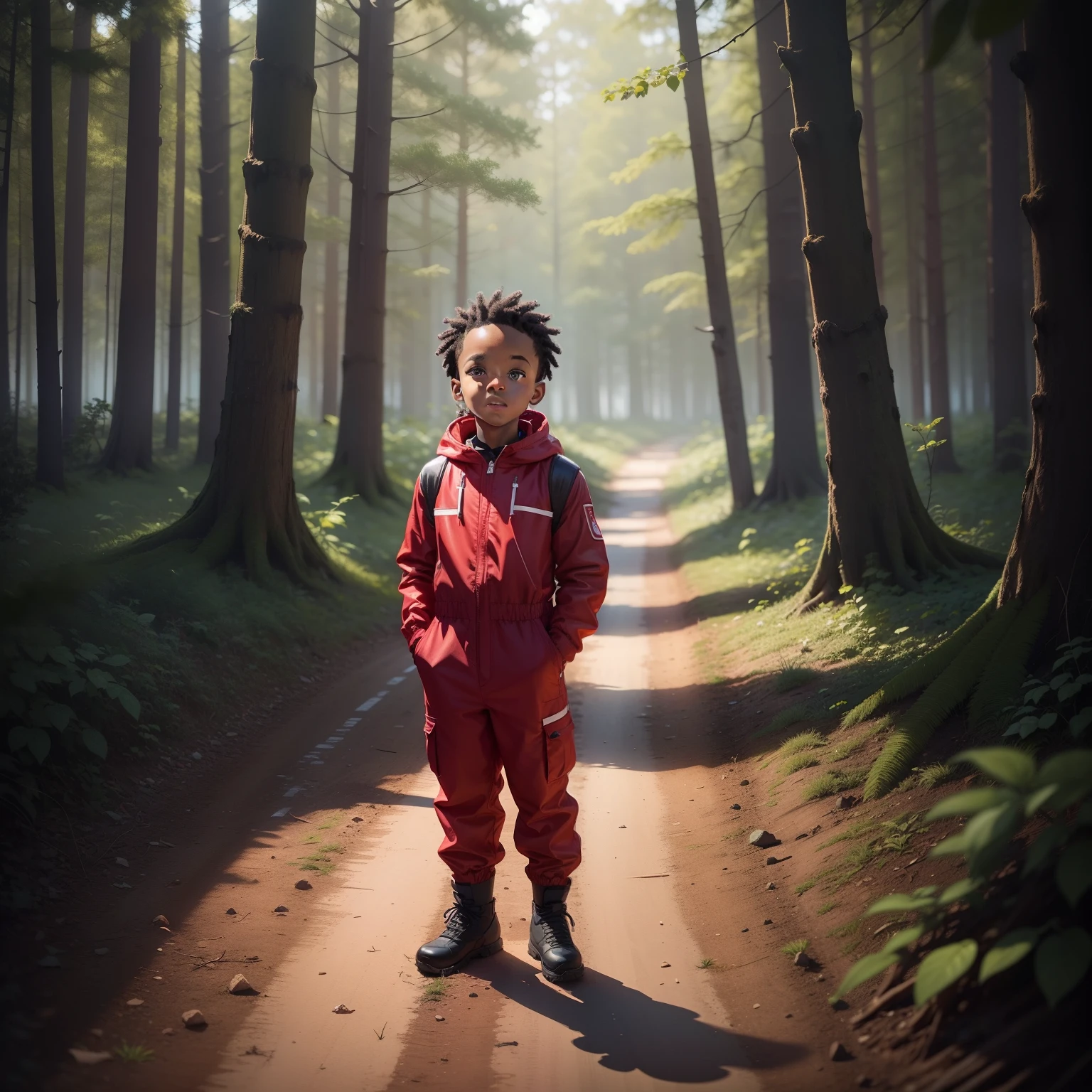 A cute and childish and curious black boy dressed in a red jumpsuit is in the woods looking for magical footprints