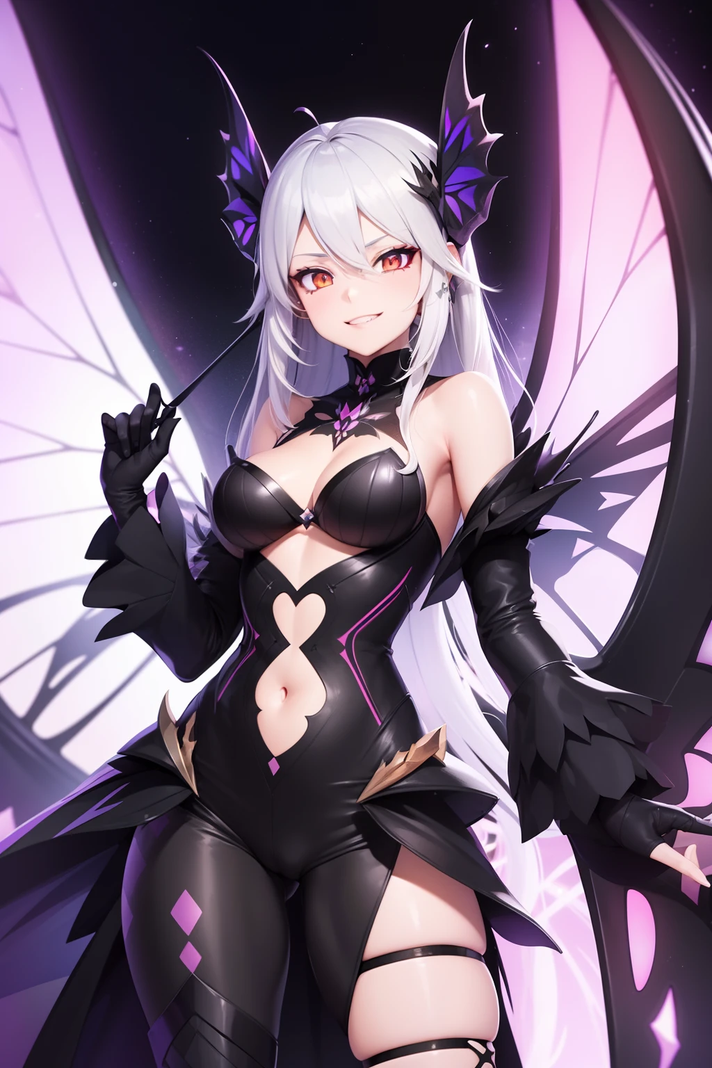 (Ashenhardt style:1.4), Masterpiece, Best quality, High quality, one girl, moth girl, crazy smile, pointy theeth, big black butterfly wings, Psychedelic, hight resolution, hightly detailed, ray tracing, butterfly antenna, white hair