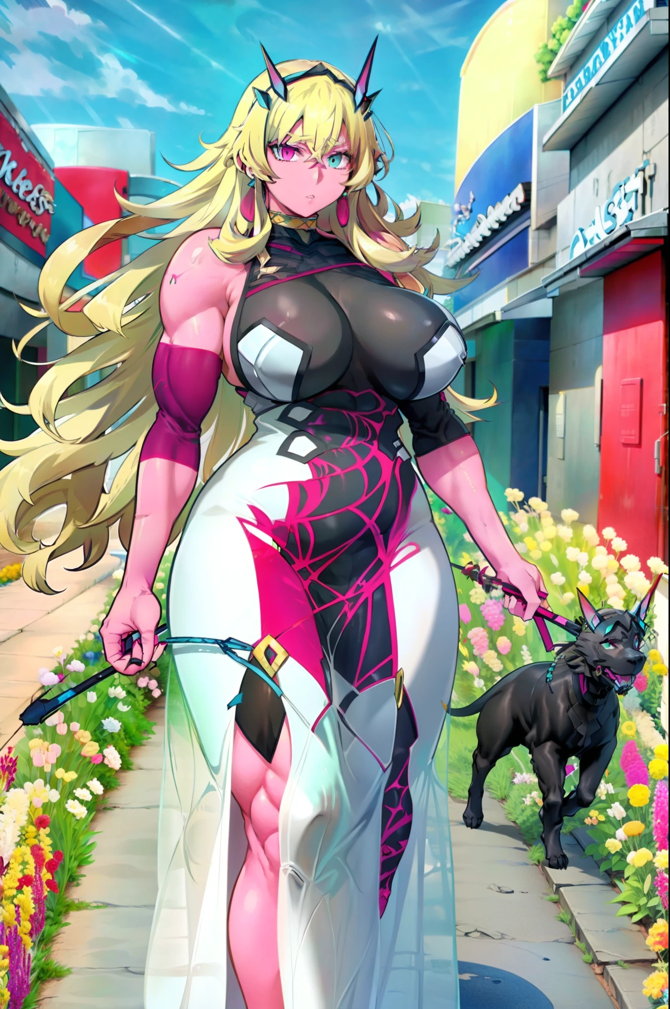 mygawain,fairy knight gawain \(fate\),heterochromia,large breasts,muscular female,muscular,red eyes, blond hair, long dress, walking, victorian dress,
