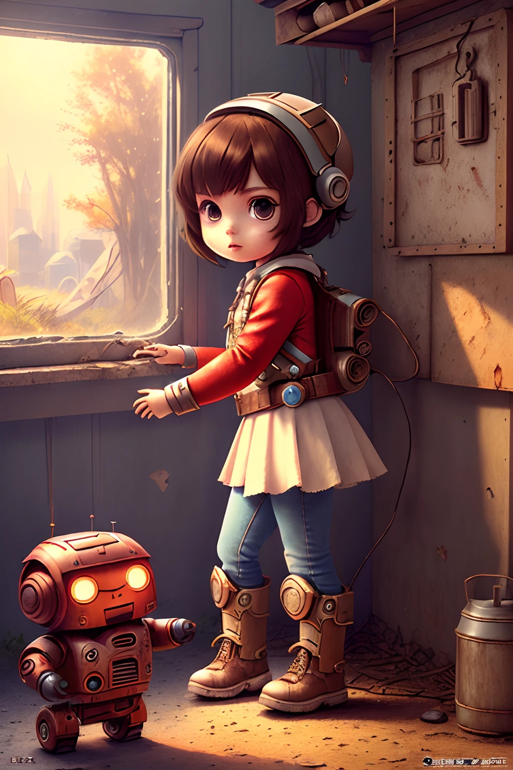 (cbzbb:1.25), Portrait of cutest illustration of bright-eyed brunette teenage girl encountering a rusty robot in an abandoned shed., artstation, CGI_Animation,