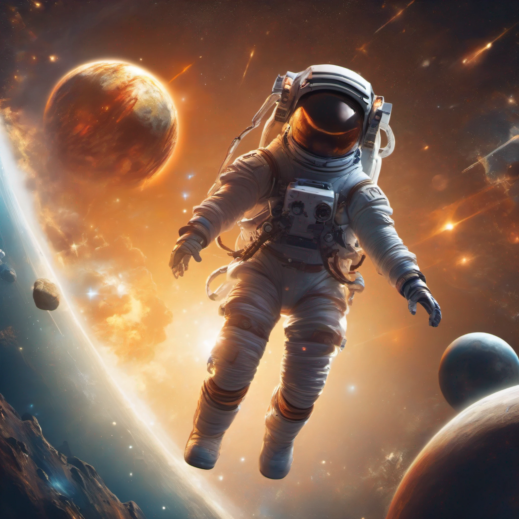 an image of an astronaut floating in space, the sun shining behind and planets around