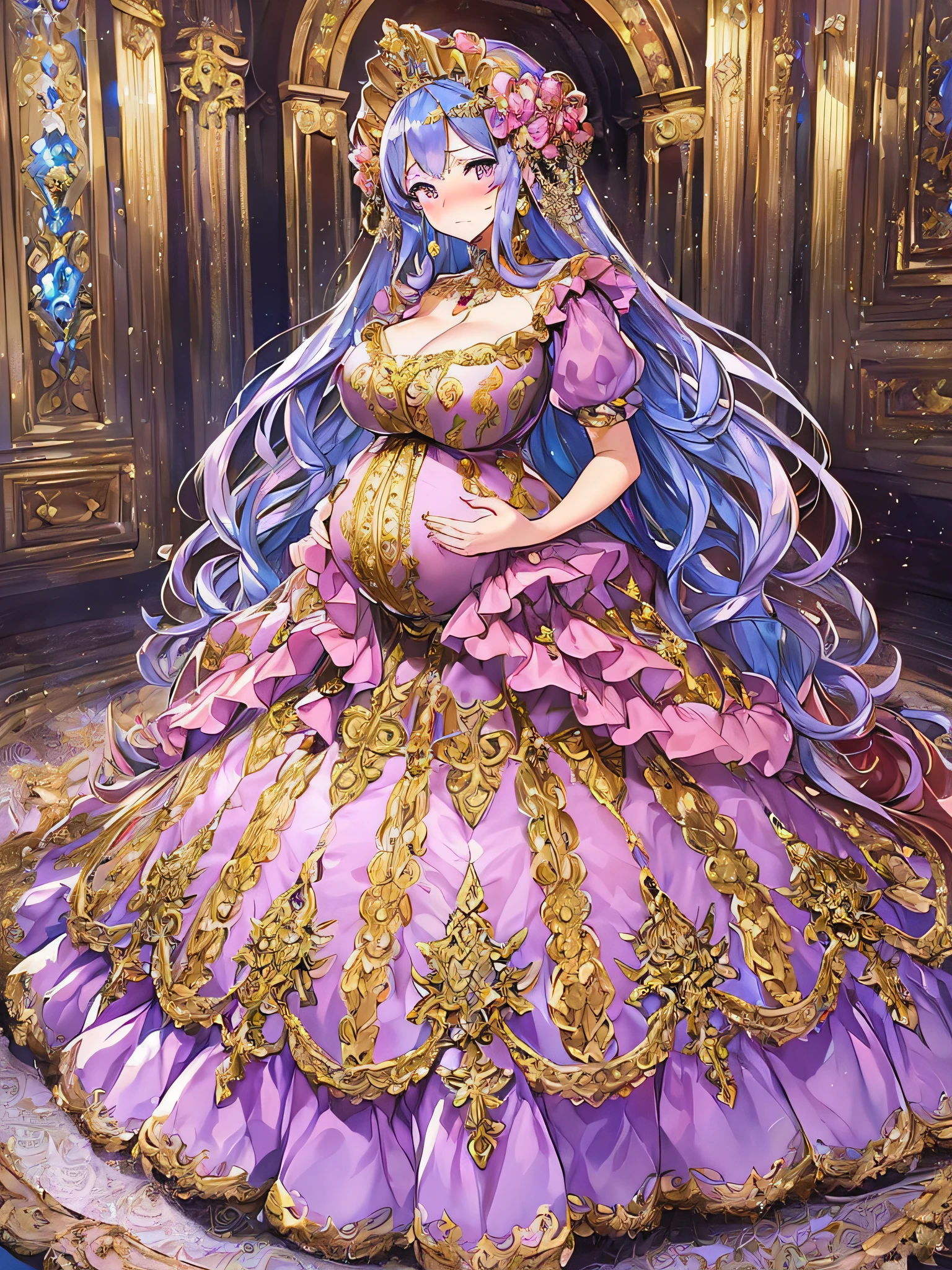 ((anime artstyle)),(Masterpiece),(Best Quality), (Super Detail),((Very Delicate and Beautiful)),(((Solo))),((full body)),(((1 bling-bling pregnant princess in beautiful embroidery and jeweled gorgeous rococo ball gown dress with voluminous full length hoop skirt))),((heavily pregnant)),very big pregnant belly,((bling-bling)),Long train,(bling-bling gorgeous gemstone jewelry),detailed face and eyes,jewel-like eyes,cry,(((embarrassed))),((large amount of straight hair,extremely voluminous Very Long Hair,Very Long Straight Hair)),(((gigantic tits,Long tits))),cleavage,(gorgeousfull embroidery and lace),gorgeous corsage,See-through,((extremely gorgeousfull hair ornament)),bling-bling extremely gorgeousfull jeweled tiara,ornate ruffles,(hoop skirt,crinoline),((Dynamic Angle)),Looking at viewer,((royal bedroom)),((full body)),((beautiful embroidery and jeweled extremely gorgeous rococo ball gown dress with voluminous full length hoop skirt))