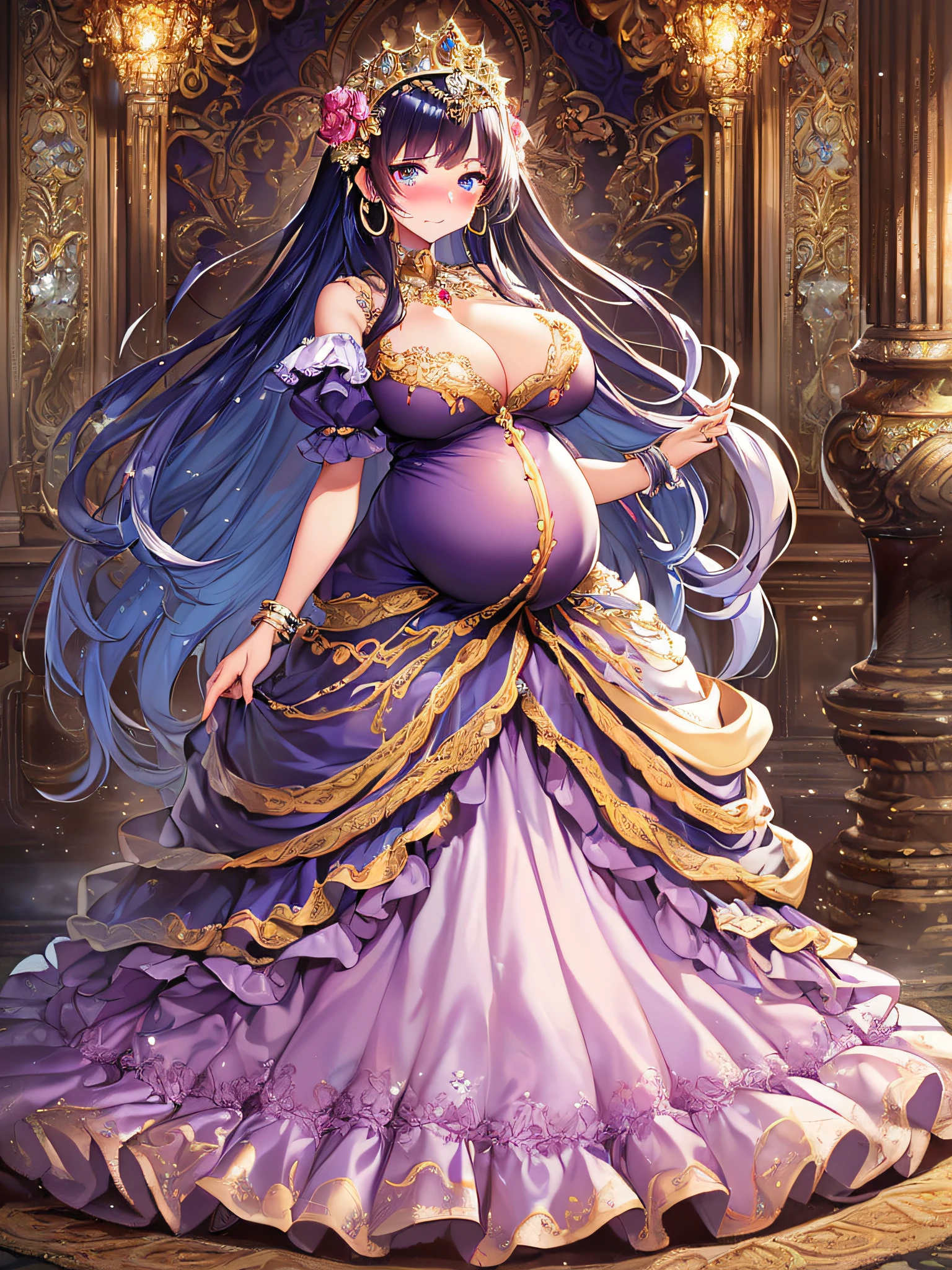 ((anime artstyle)),(Masterpiece),(Best Quality), (Super Detail),((Very Delicate and Beautiful)),(((Solo))),((full body)),(((1 bling-bling pregnant princess in beautiful embroidery and jeweled gorgeous rococo ball gown dress with voluminous full length hoop skirt))),((heavily pregnant)),very big pregnant belly,((bling-bling)),Long train,(bling-bling gorgeous gemstone jewelry),detailed face and eyes,jewel-like eyes,cry,(((embarrassed))),((large amount of straight hair,extremely voluminous Very Long Hair,Very Long Straight Hair)),(((gigantic tits,Long tits))),cleavage,(gorgeousfull embroidery and lace),gorgeous corsage,See-through,((extremely gorgeousfull hair ornament)),bling-bling extremely gorgeousfull jeweled tiara,ornate ruffles,(hoop skirt,crinoline),((Dynamic Angle)),Looking at viewer,((royal bedroom)),((full body)),((beautiful embroidery and jeweled extremely gorgeous rococo ball gown dress with voluminous full length hoop skirt))
