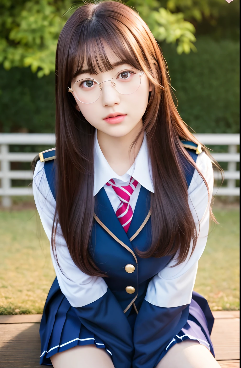 Close up portrait of woman walking in park in uniform、Japan Person Model、Young Sensual Gravure Idol、Young cute gravure idol、Realistic Young Gravure Idol、Realistic sensual gravure idol、Young gravure idols、sophisticated gravure idol、奈良美智、Young skinny gravure idol、beautifull asian girl ever、oppai、full body Esbian、clong legs、If you jump on the spot, I see white panties、ulzzang-6500-v1.1, (Raw foto:1.2), (Photorealsitic:1.4), a beautiful detailed girl, extremely detailed eye and face, beatiful detailed eyes, Ridiculous, unbelievable Ridiculous, huge filesize, ultra-detailliert, hight resolution, ighly detailed, top-quality, masterpiece, Kemomimi, ((Japanese girls' high school uniform)), illustratio, ighly detailed, CG, unification, 8k wallpaper, astonishing, finely detail, masterpiece, top-quality, Highly detailed CG uniform 8k wallpaper, face lights、Cinematographic lighting、1girl in、sixteen years old、(witheout panties))、(Glasses available)、((dynamicposes)))、(camel's toe)、(half)、、(Crooked knees and legs sitting))