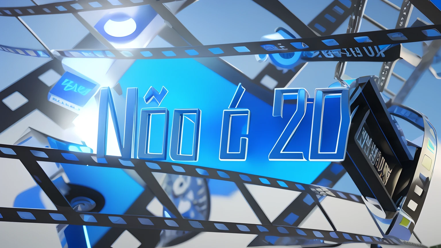 There's a blue sign that says the name 20 with a bunch of film strips, Cinema-4D, Netfilx !n-9, -n 2, Cinematografia 2015, 2 0 1 5 cinematografia, filme nior, Ano 2 0 4 0, nicovideo, cinema 4 d cinematica, 3 d nft, Cinema 4D