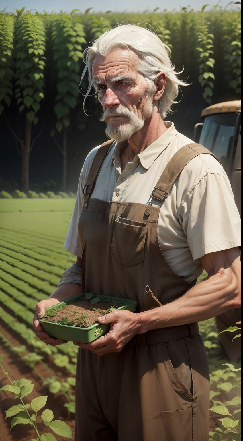 An old farmer in a dystopian future, struggling to produce food on a crop controlled by large corporations, having to face chemical pesticides and the lack of natural resources, while dreaming of simpler and more sustainable times.