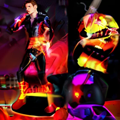 Tom Holland as a latex ginger boy with black and purple flame powers and a red devil tail.