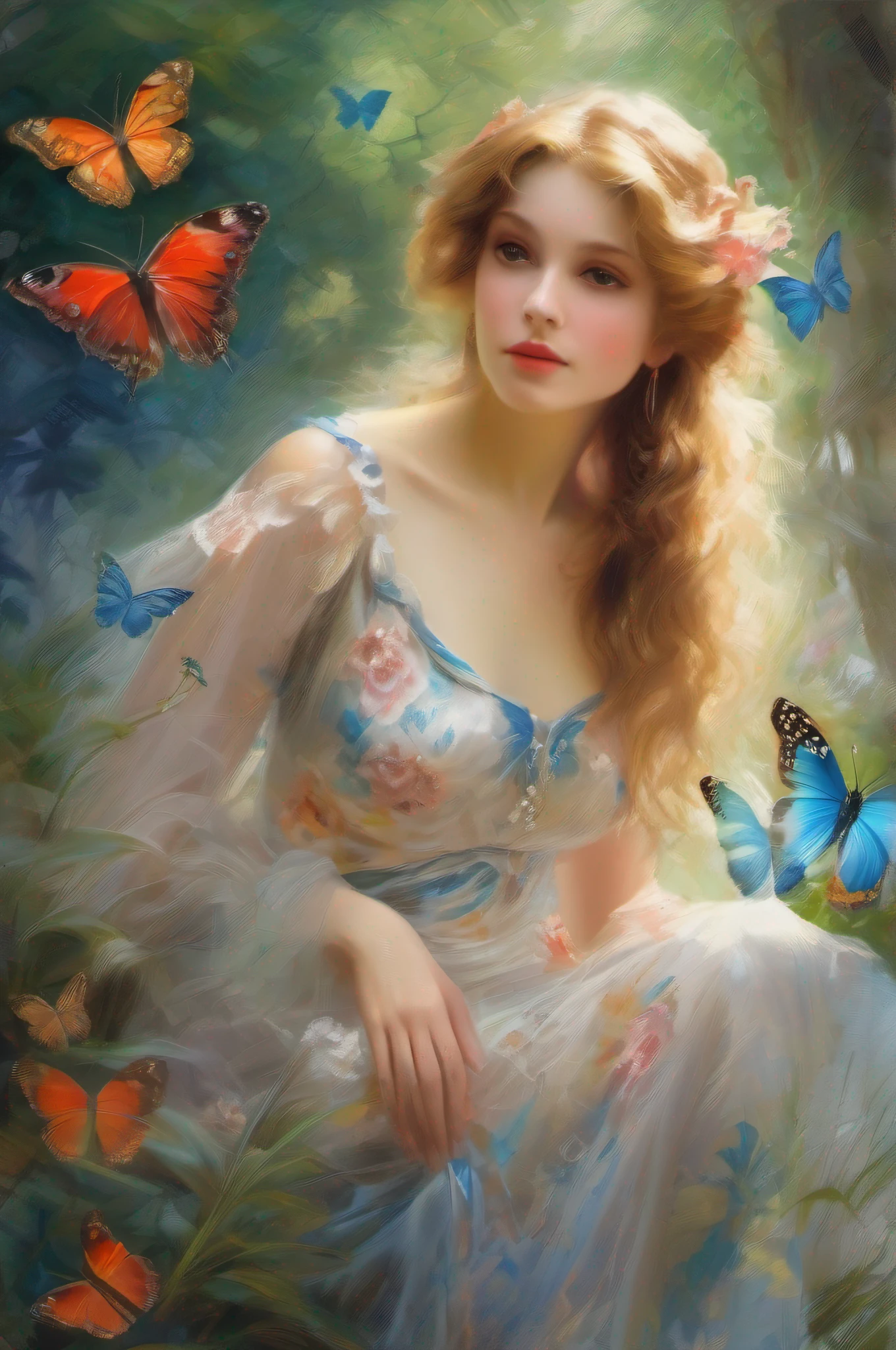 mystic forest maiden with butterflies, transparent silk dress, impressionist portrait,
impressionist painting, by Konstantin Razumov, Pierre-Auguste Renoir, textured paint,
detailed, realistic portrait, fine art, ornate motifs, beautiful, 8k, depth of sharpness,
Rembrand lighting, ray tracing, high quality, sharp focus