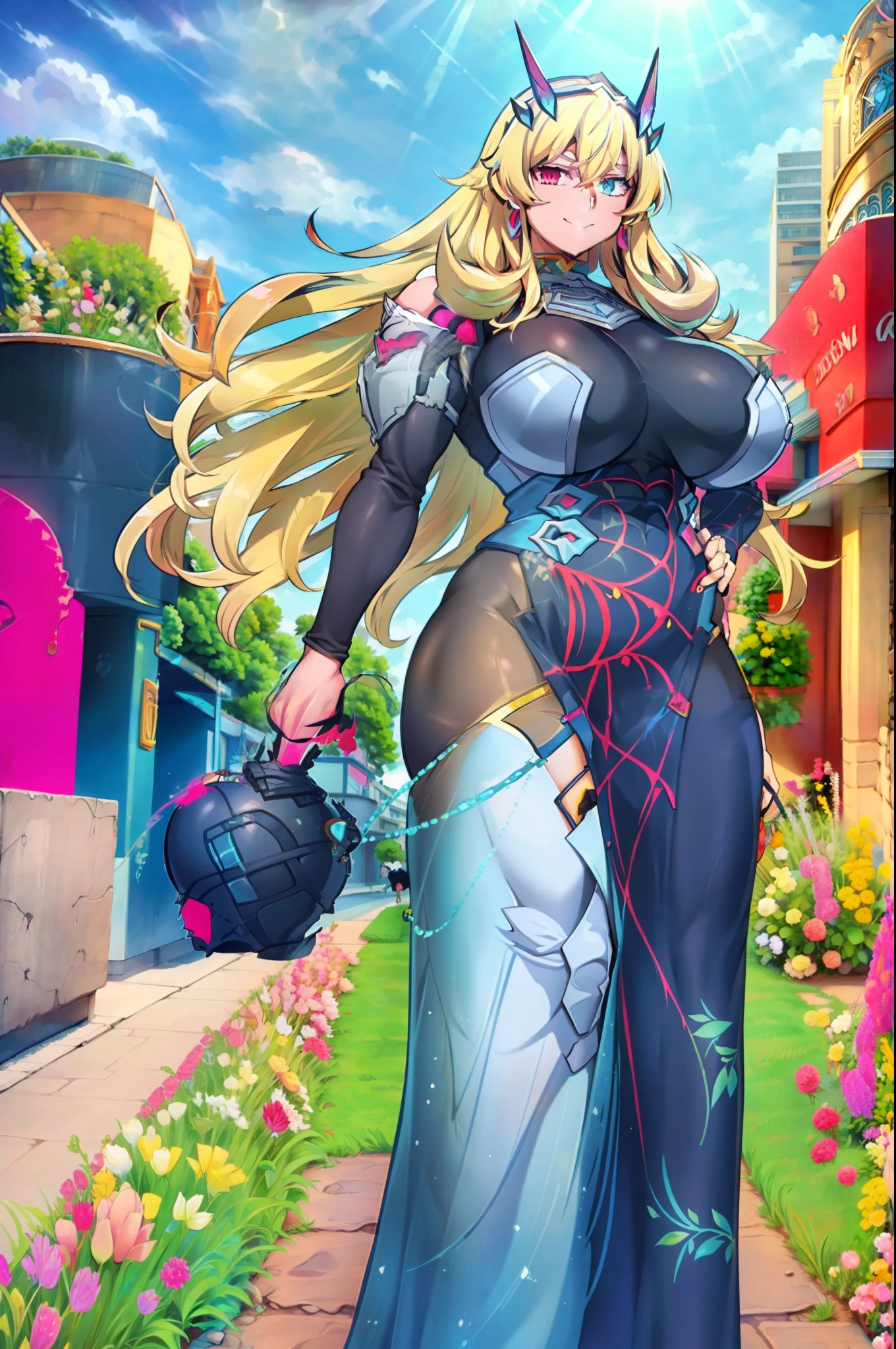 mygawain,fairy knight gawain \(fate\),heterochromia,large breasts,muscular female,muscular,red eyes, blond hair, long dress, walking, victorian dress,london, medieval, smile