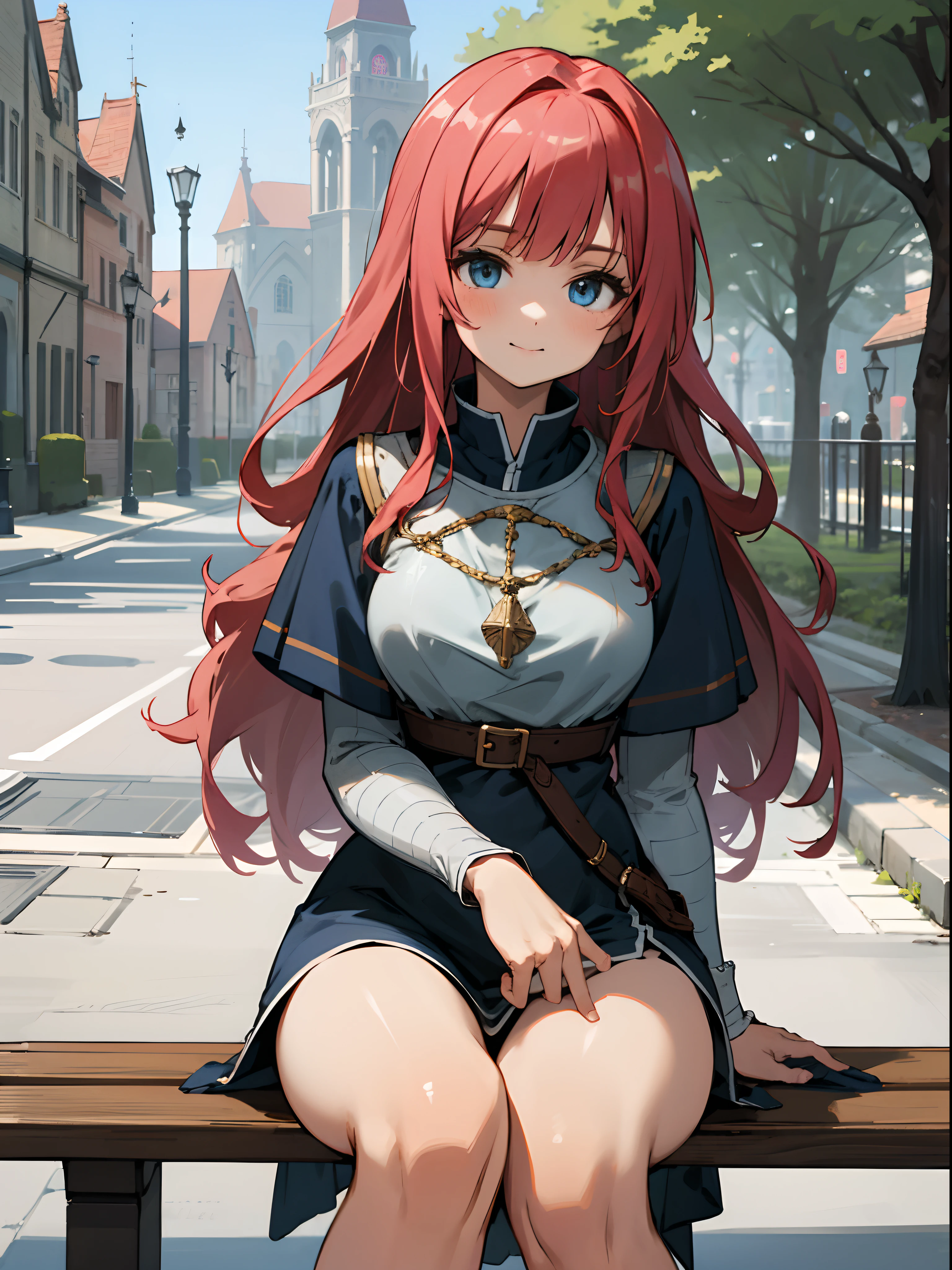 1girl, red long hair. blue eyes, wearing medieval fantasy dress, high res, ultrasharp, 8k, masterpiece, perfect body, perfect face, cute face, sitting on the bench, medieval city looking forward