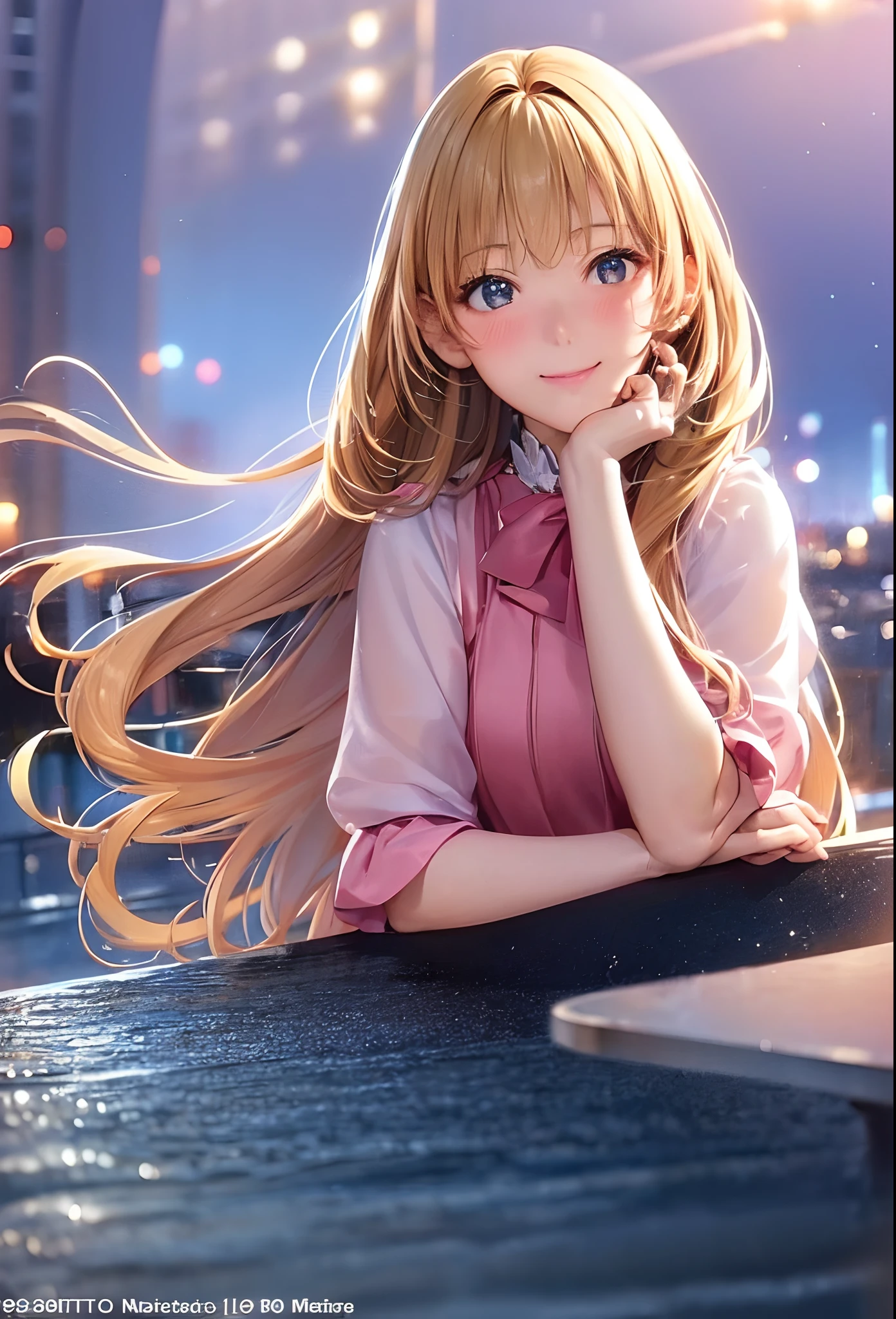 (8K, Best Quality, masutepiece:1.2), (Realistic, Photorealsitic:1.37), Ultra-detailed, 1 girl,Cute, Solo,Midnight,Beautiful detailed sky,Detailed Cafe,Sitting,Dating,(nose blush),(Smile:1.15),(Closed mouth) Small breasts,Beautiful detailed eyes,Floating Hair NovaFrogStyle,Pink dress