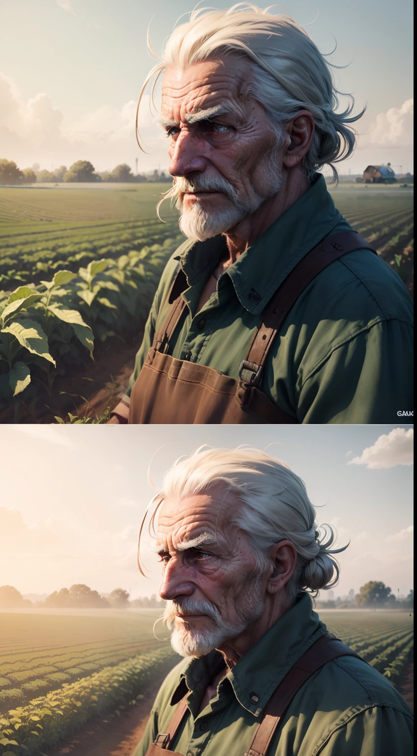 An old farmer in a dystopian future, struggling to produce food on a crop controlled by large corporations, having to face chemical pesticides and the lack of natural resources, while dreaming of simpler and more sustainable times.